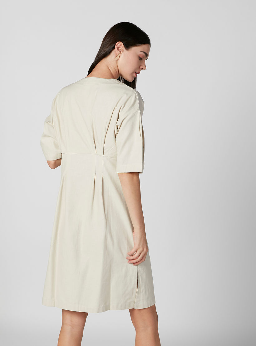 فستان قميص ميدي سادة بأكمام قصيرة-women-clothing-dresses-image-1