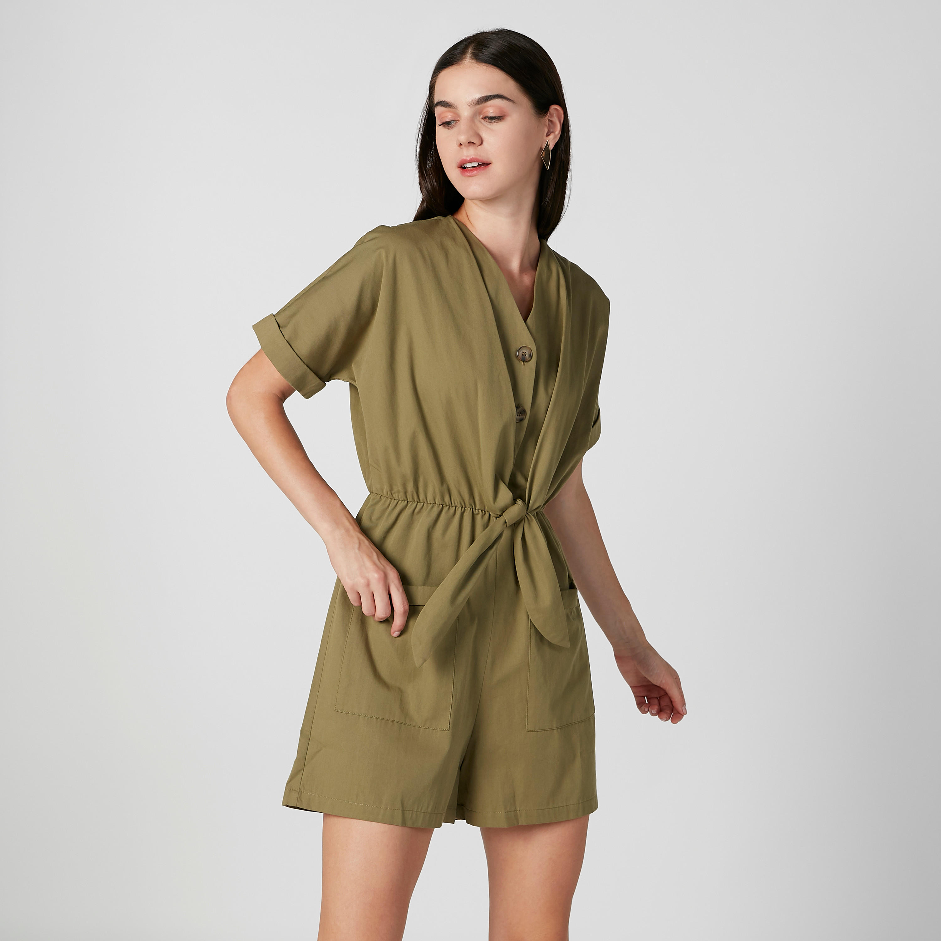 Solid Playsuit with Short Sleeves and Pocket Detail-women-clothing-jumpsuits-image-1