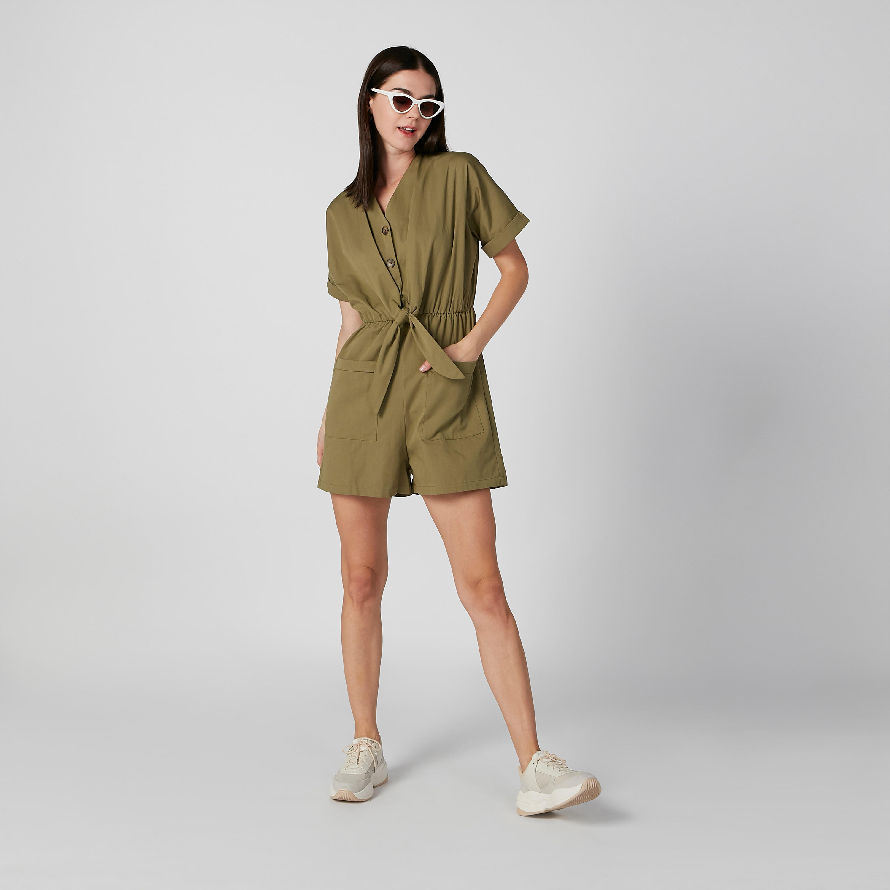 Solid Playsuit with Short Sleeves and Pocket Detail-women-clothing-jumpsuits-image-2