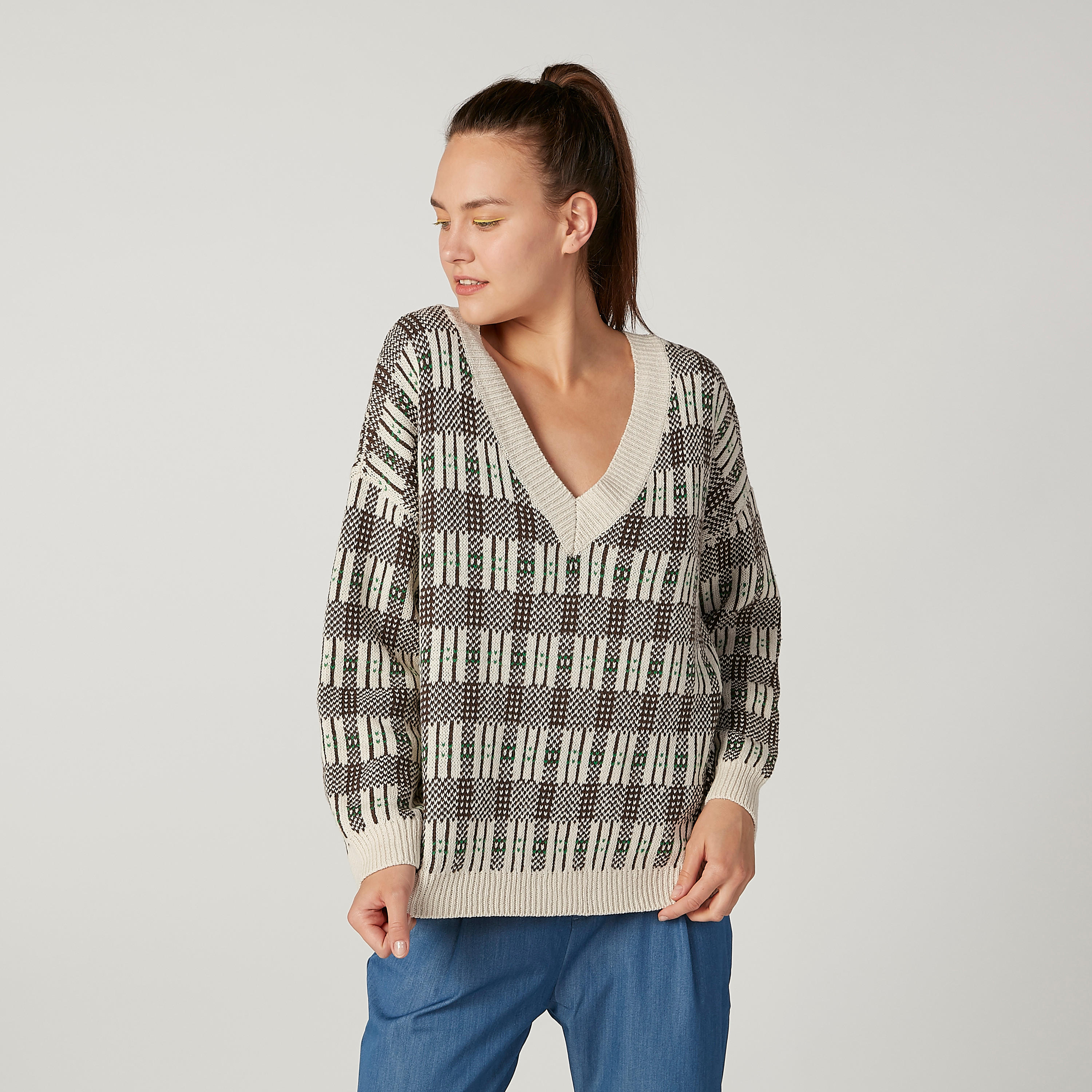 كنزة كاروهات بياقة V وأكمام طويلة-women-clothing-cardigansandjumpers-jumpers-image-5