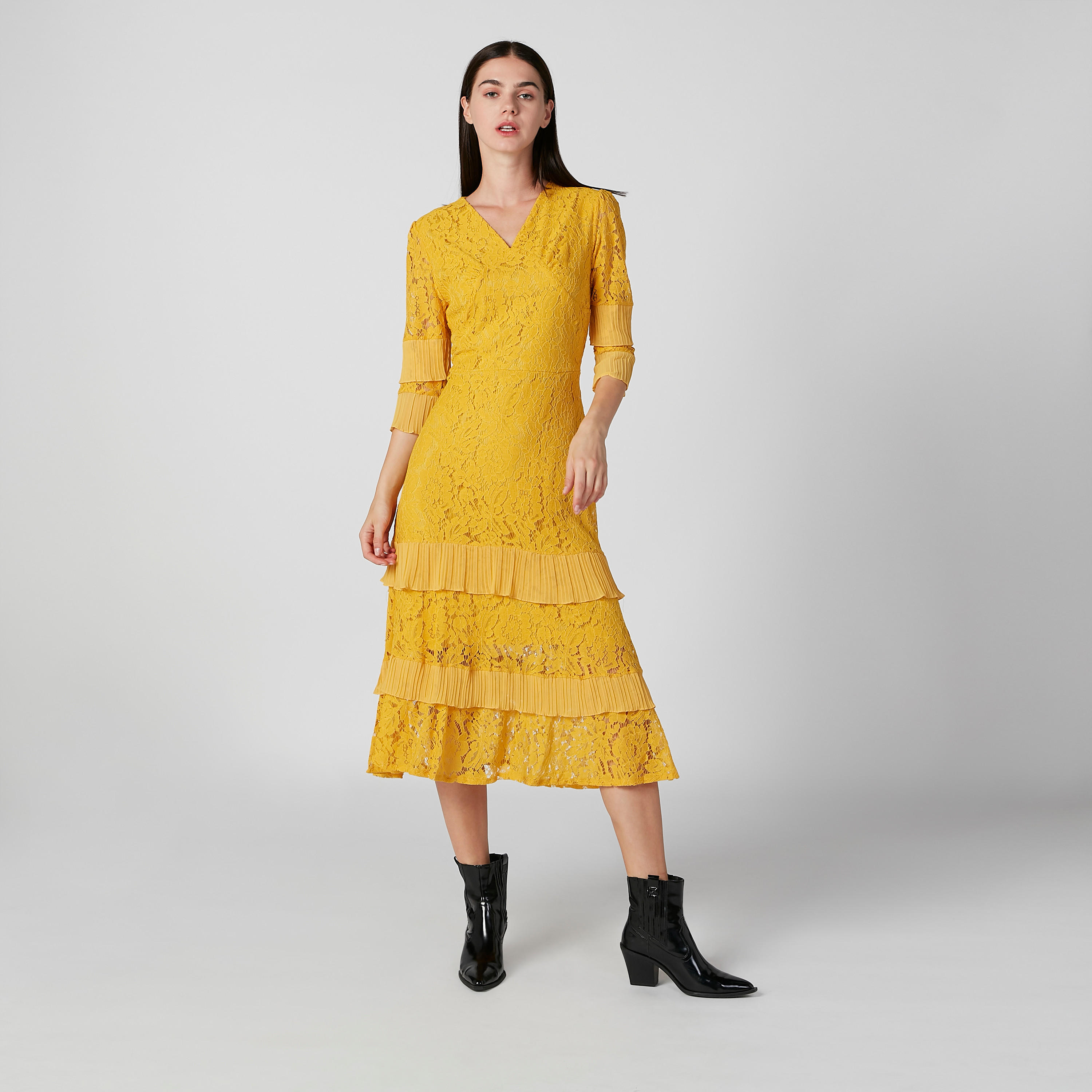 فستان دانتيل طويل إيه لاين بياقة V وأكمام 3/4-women-clothing-dresses-image-1