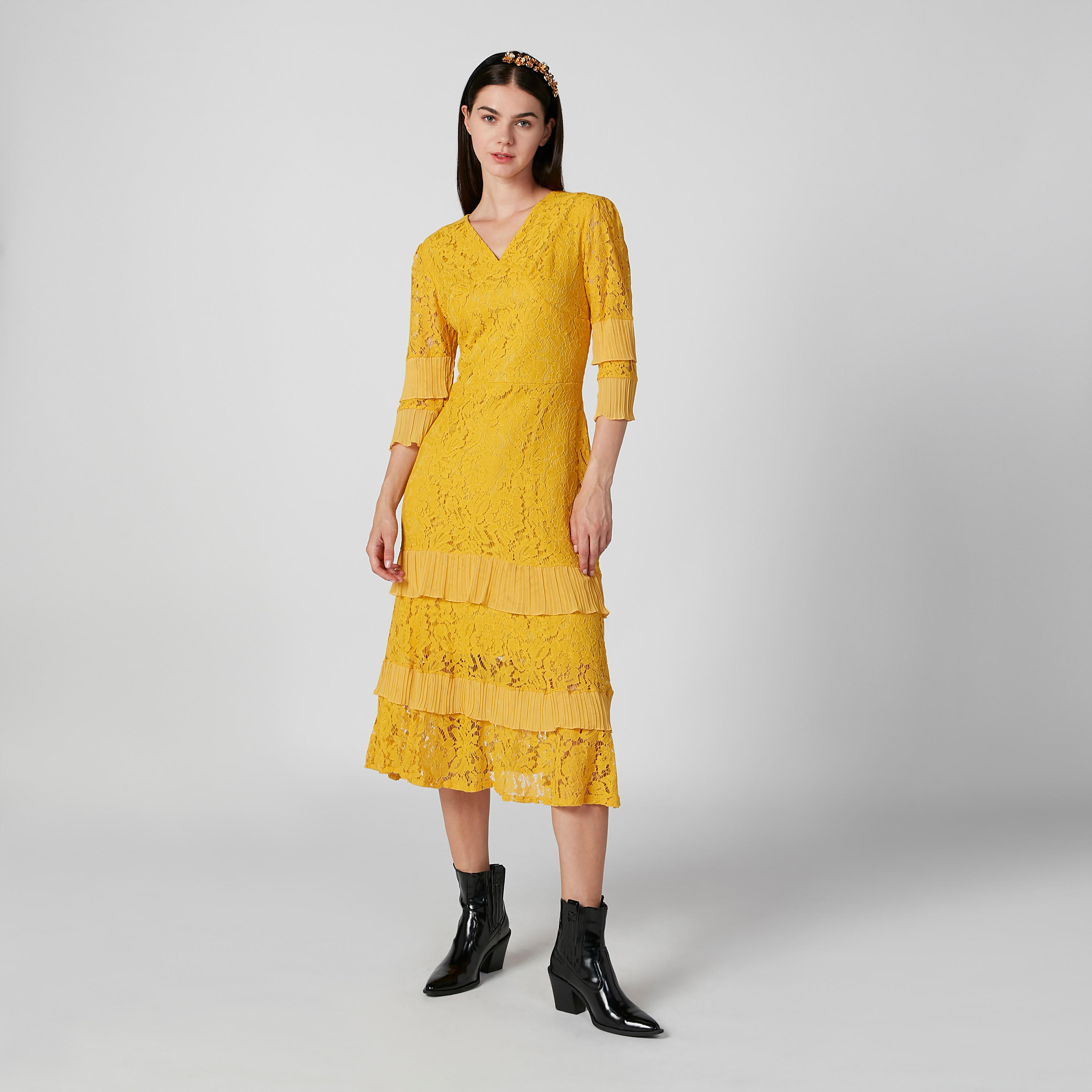 فستان دانتيل طويل إيه لاين بياقة V وأكمام 3/4-women-clothing-dresses-image-2
