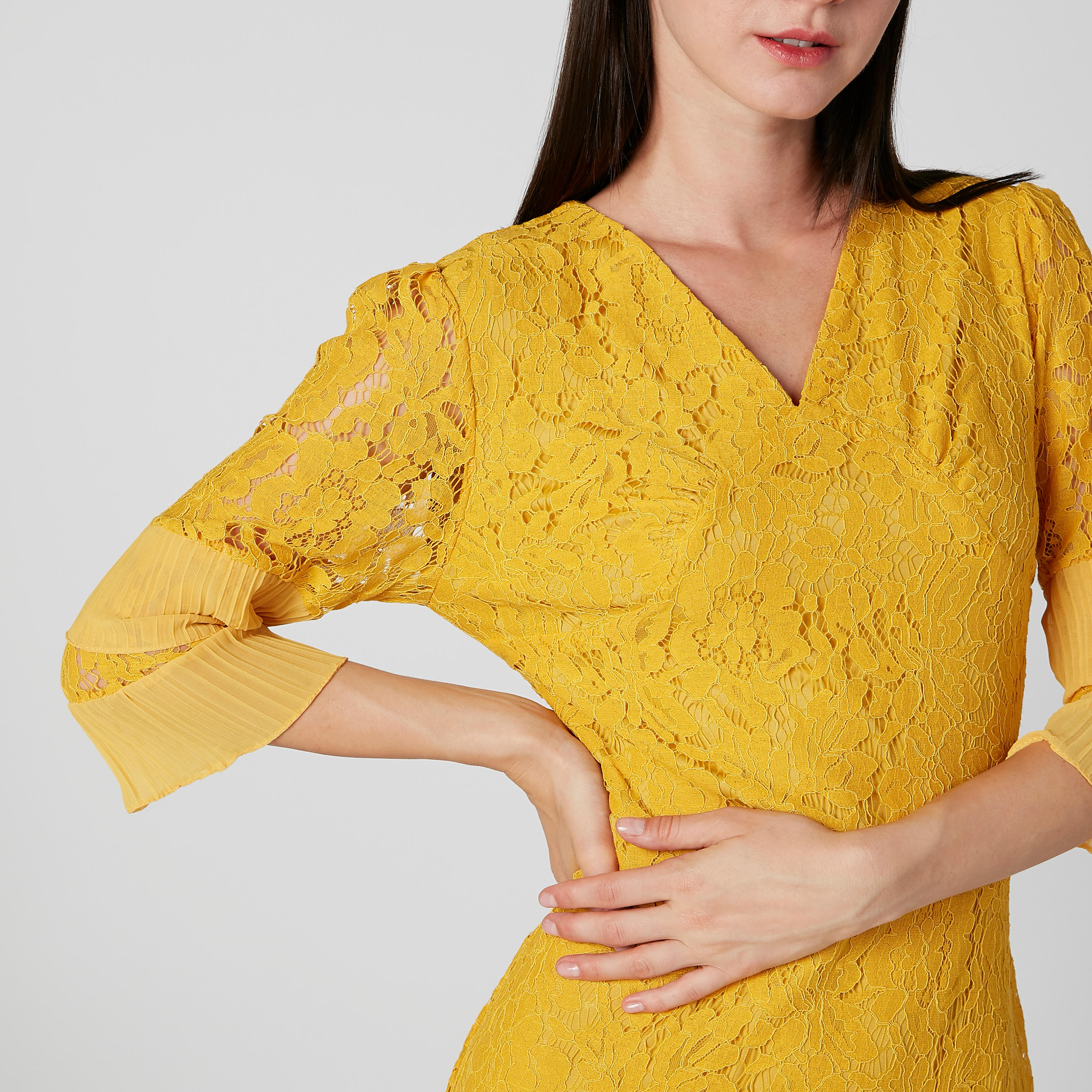 فستان دانتيل طويل إيه لاين بياقة V وأكمام 3/4-women-clothing-dresses-image-3