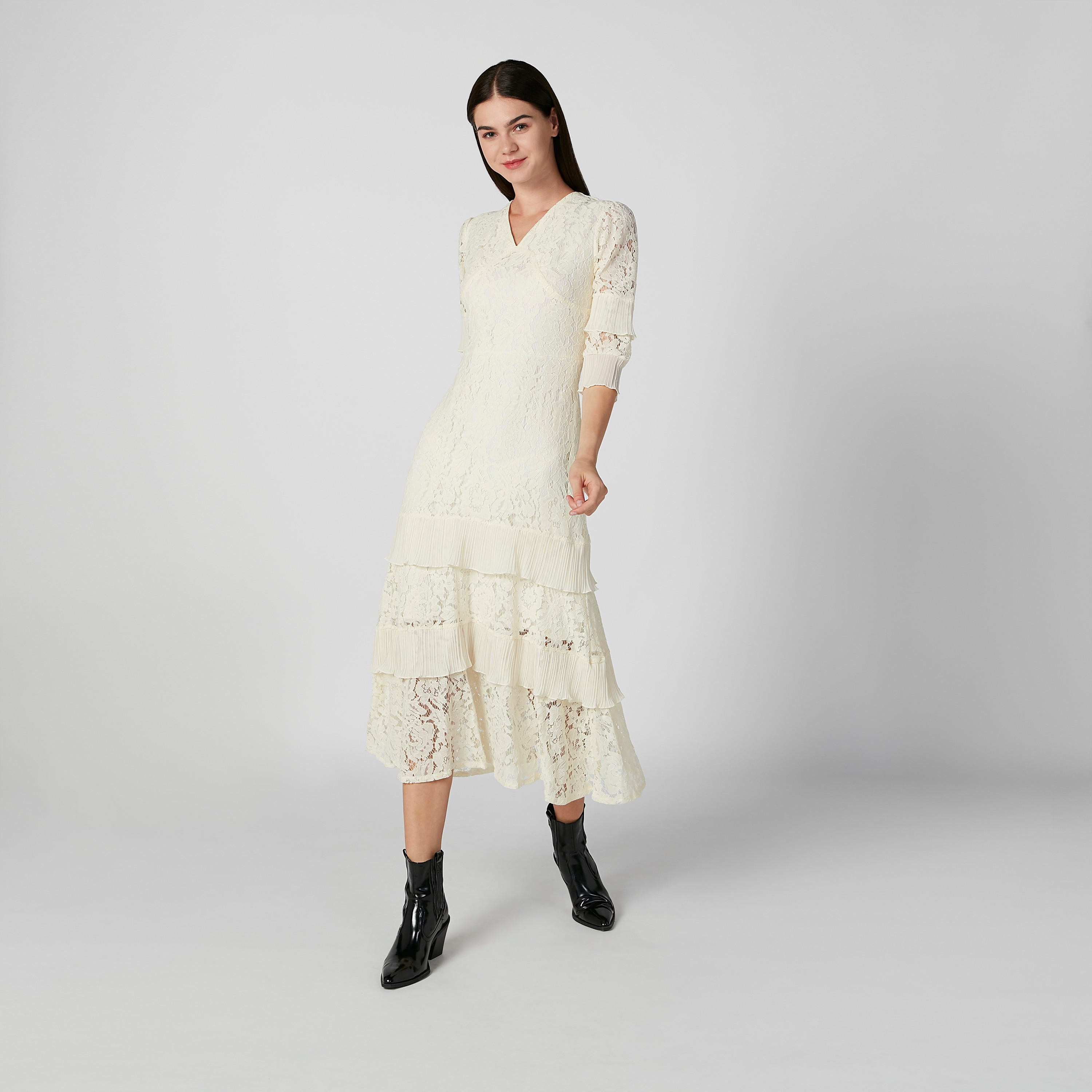 فستان دانتيل ميدي إيه لاين بياقة V وأكمام 3/4-women-clothing-dresses-image-1