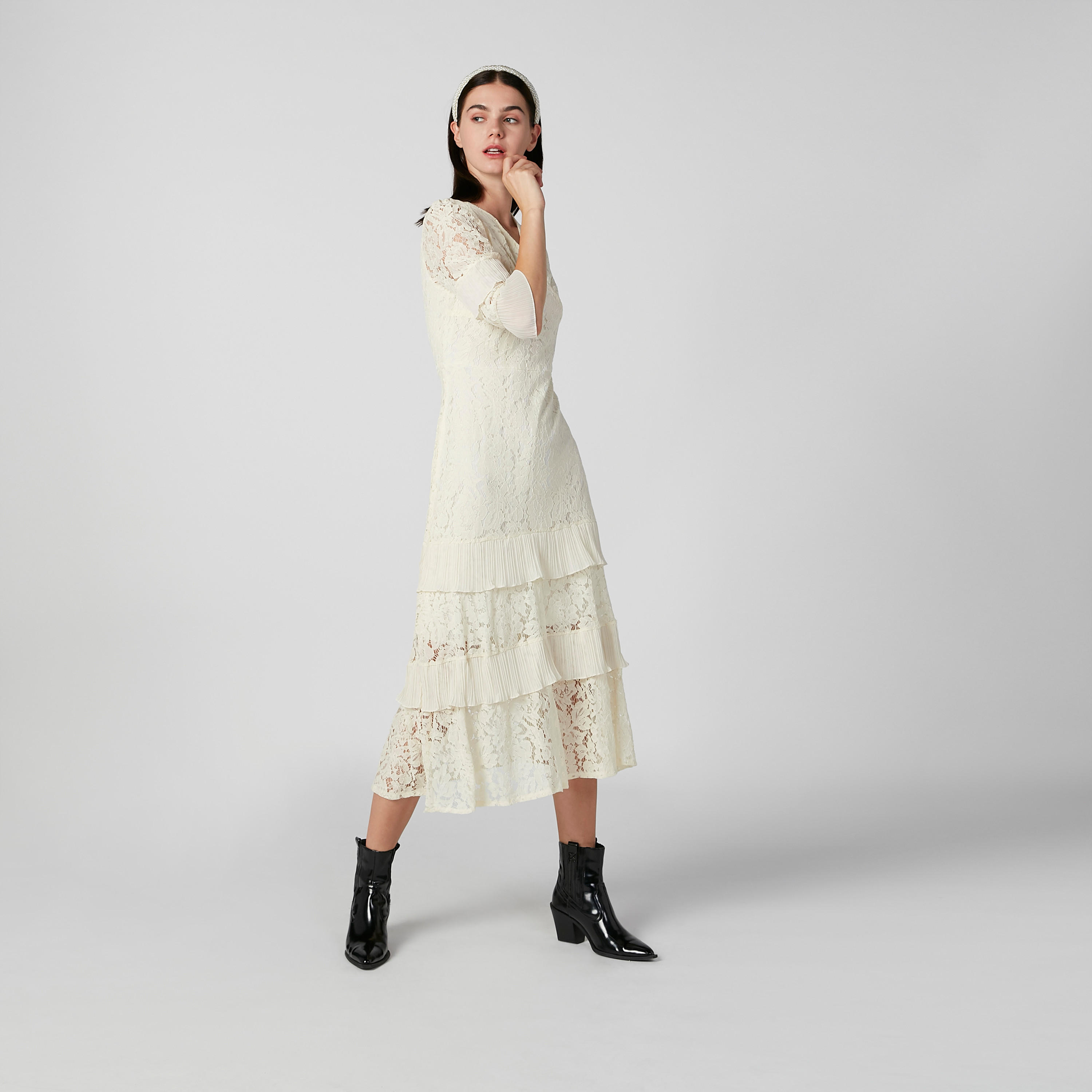 فستان دانتيل ميدي إيه لاين بياقة V وأكمام 3/4-women-clothing-dresses-image-2