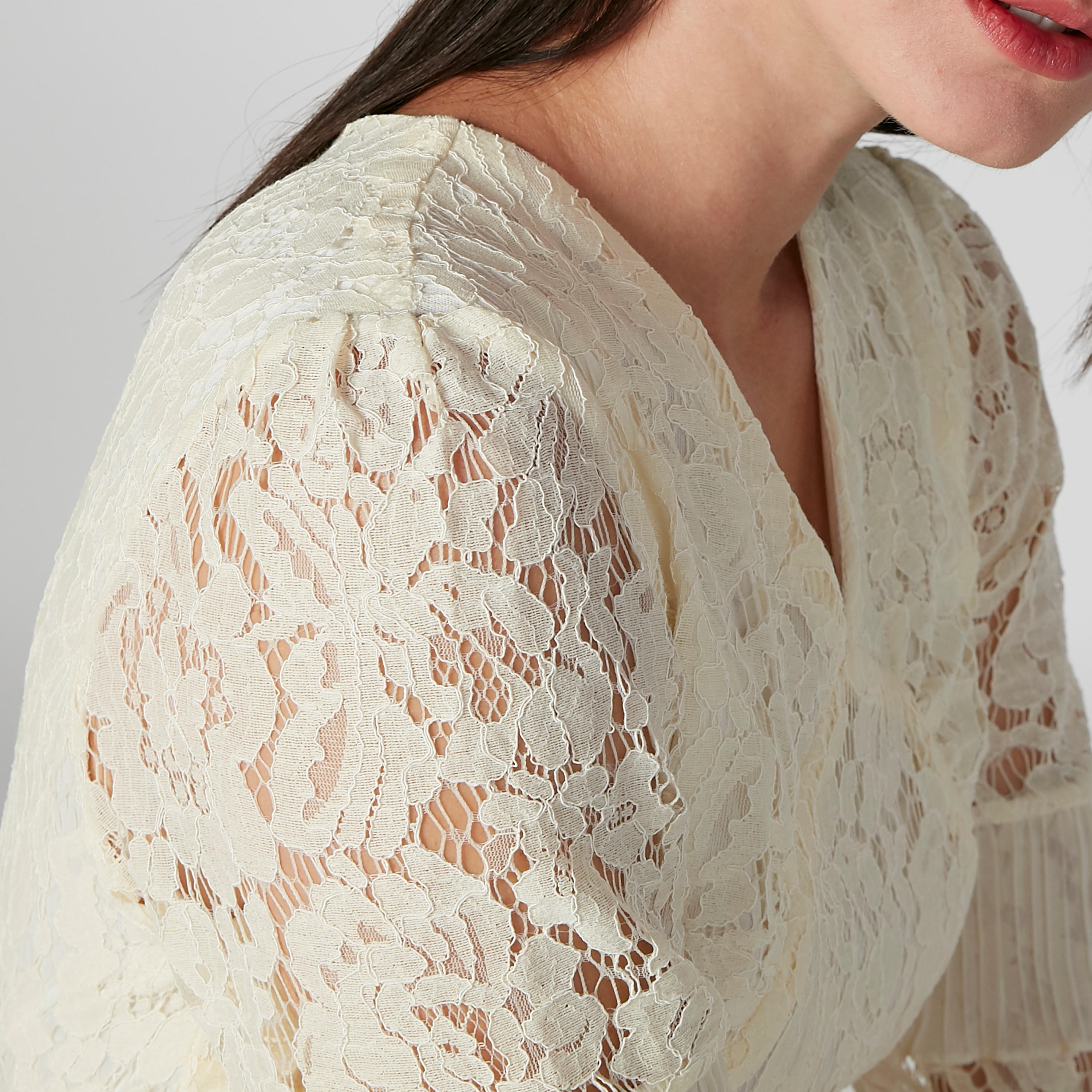 فستان دانتيل ميدي إيه لاين بياقة V وأكمام 3/4-women-clothing-dresses-image-3