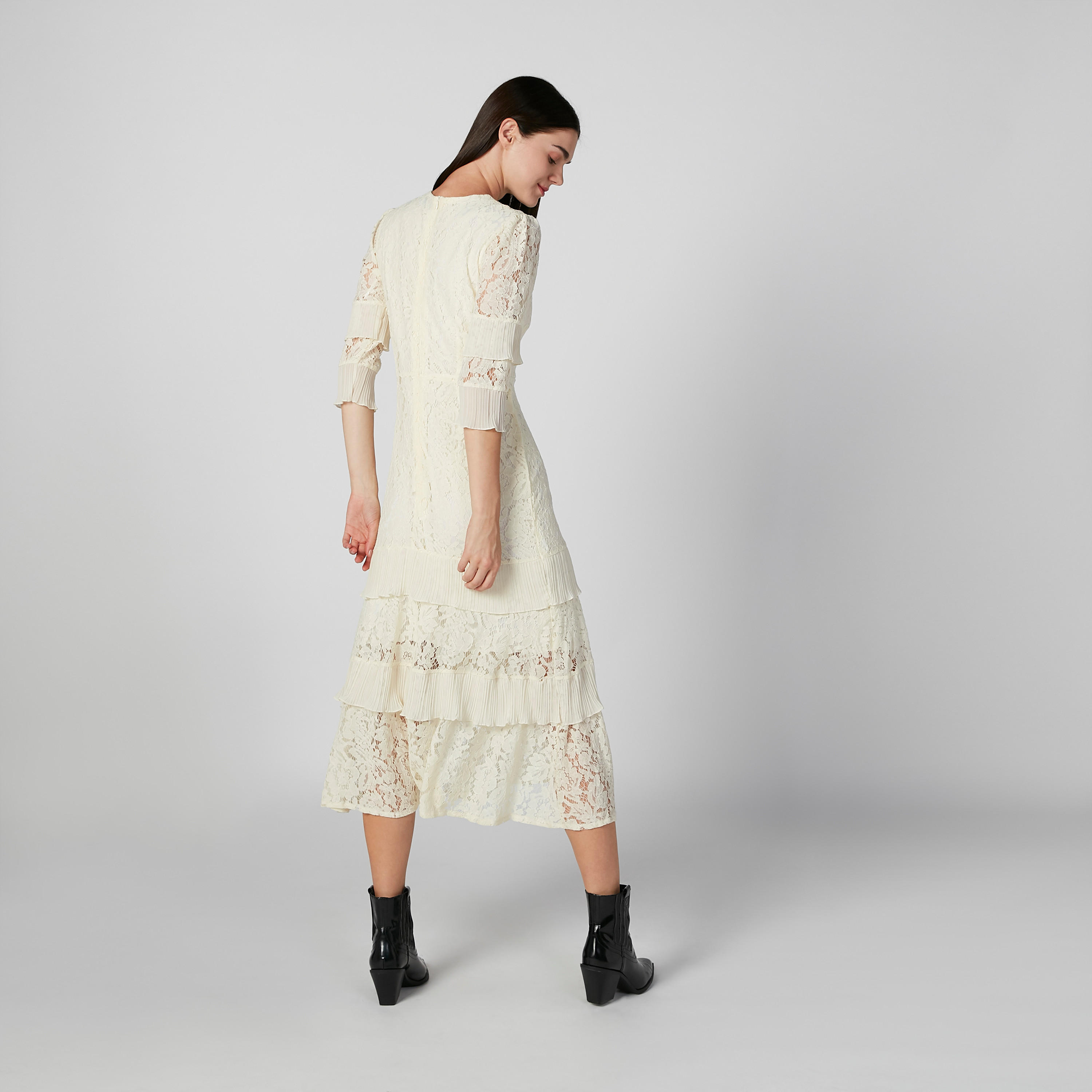 فستان دانتيل ميدي إيه لاين بياقة V وأكمام 3/4-women-clothing-dresses-image-4