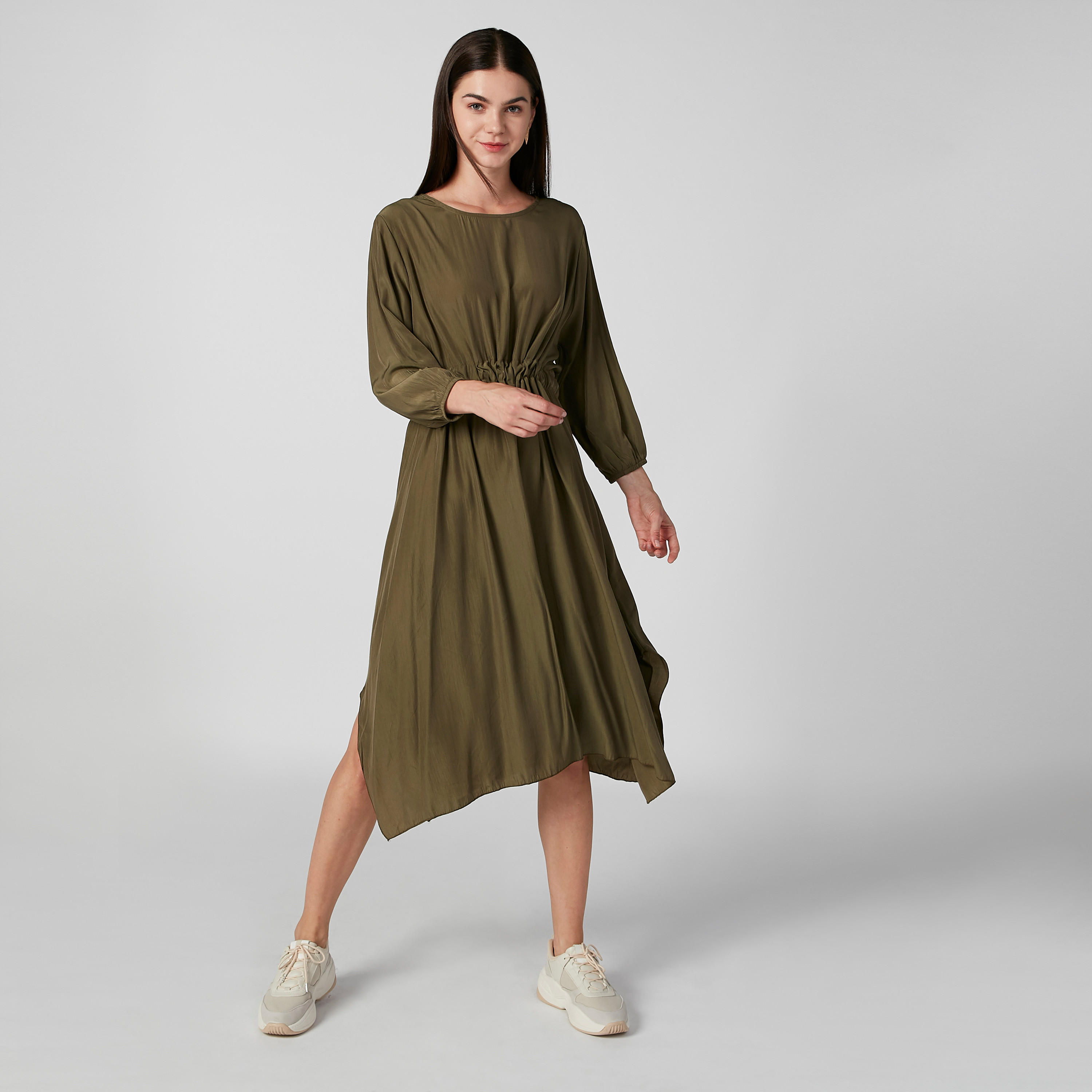 فستان ميدي إيه لاين سادة بأكمام طويلة وأربطة-women-clothing-dresses-image-1