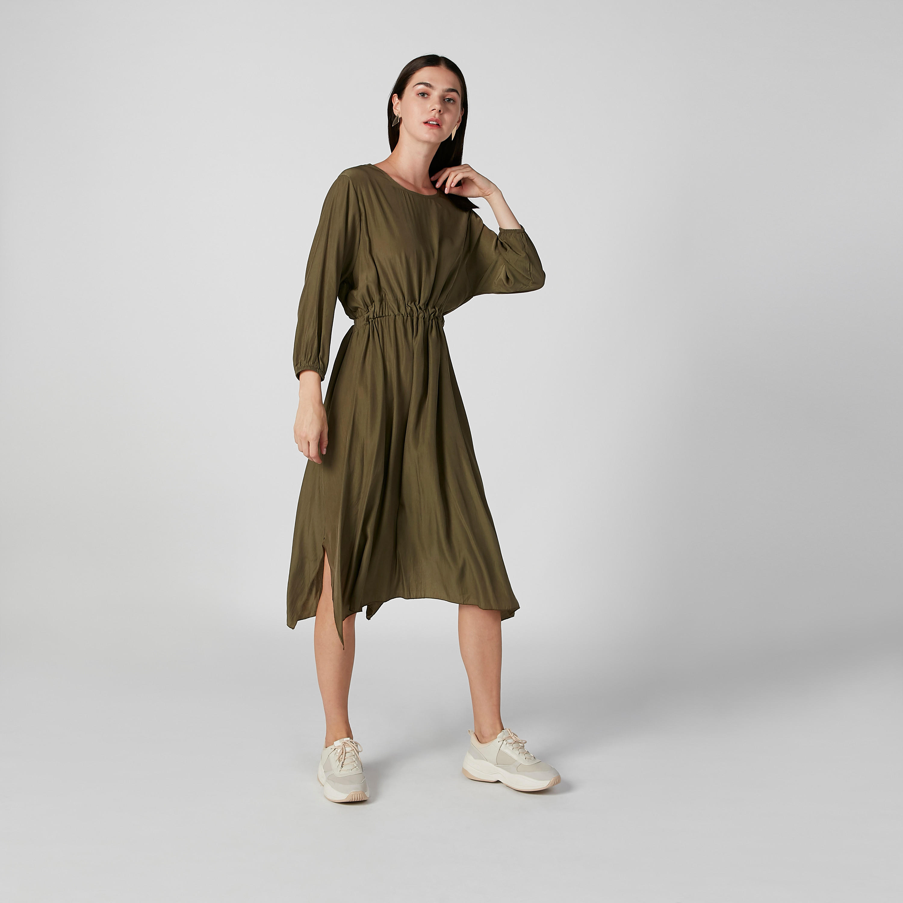 فستان ميدي إيه لاين سادة بأكمام طويلة وأربطة-women-clothing-dresses-image-2
