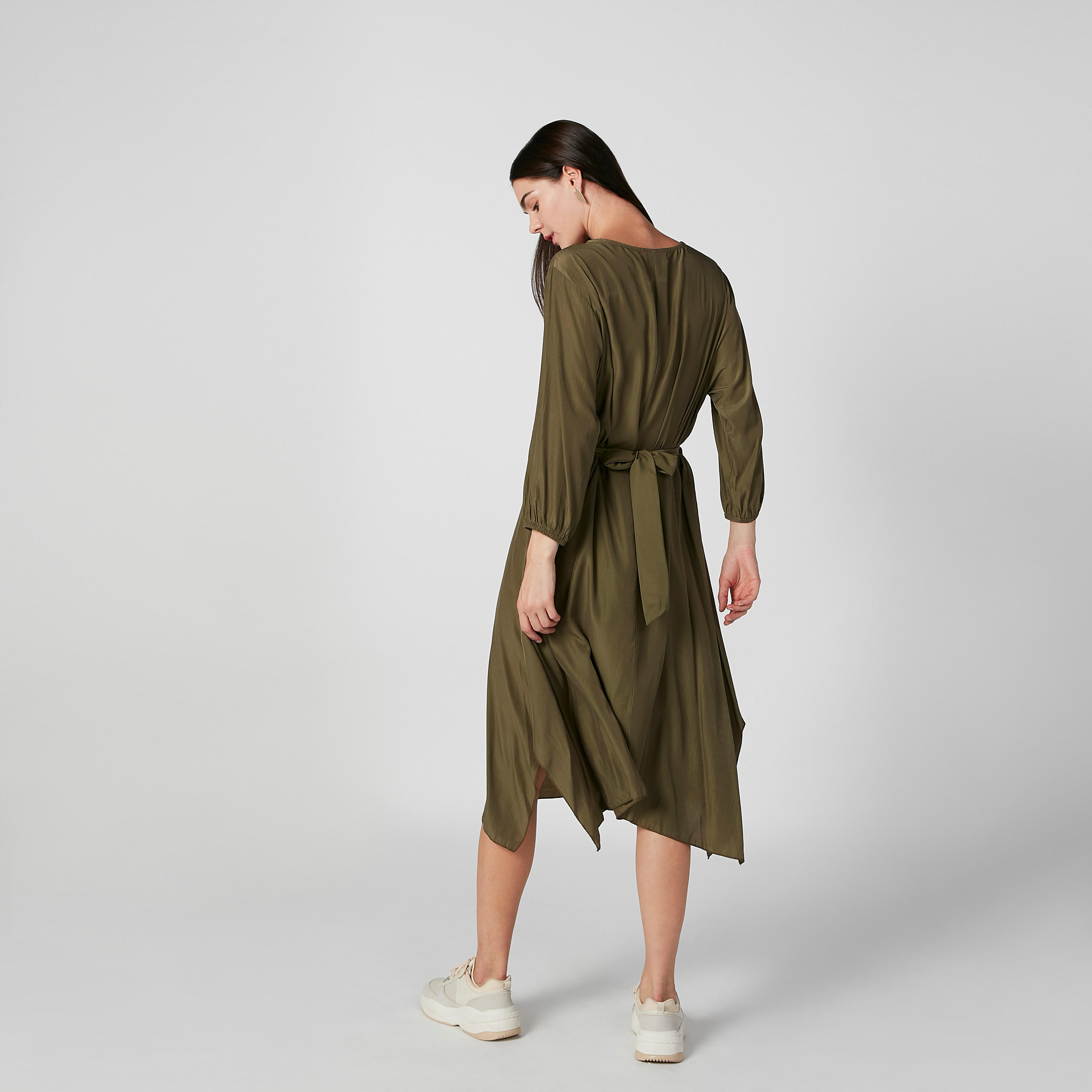 فستان ميدي إيه لاين سادة بأكمام طويلة وأربطة-women-clothing-dresses-image-4