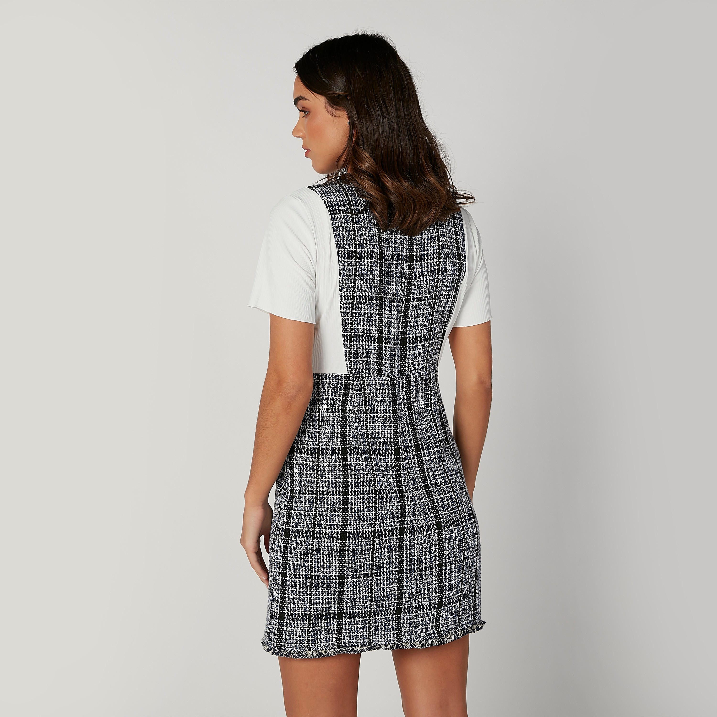 فستان قصير إيه لاين كاروهات بياقة مستديرة وأكمام قصيرة-women-clothing-dresses-image-2