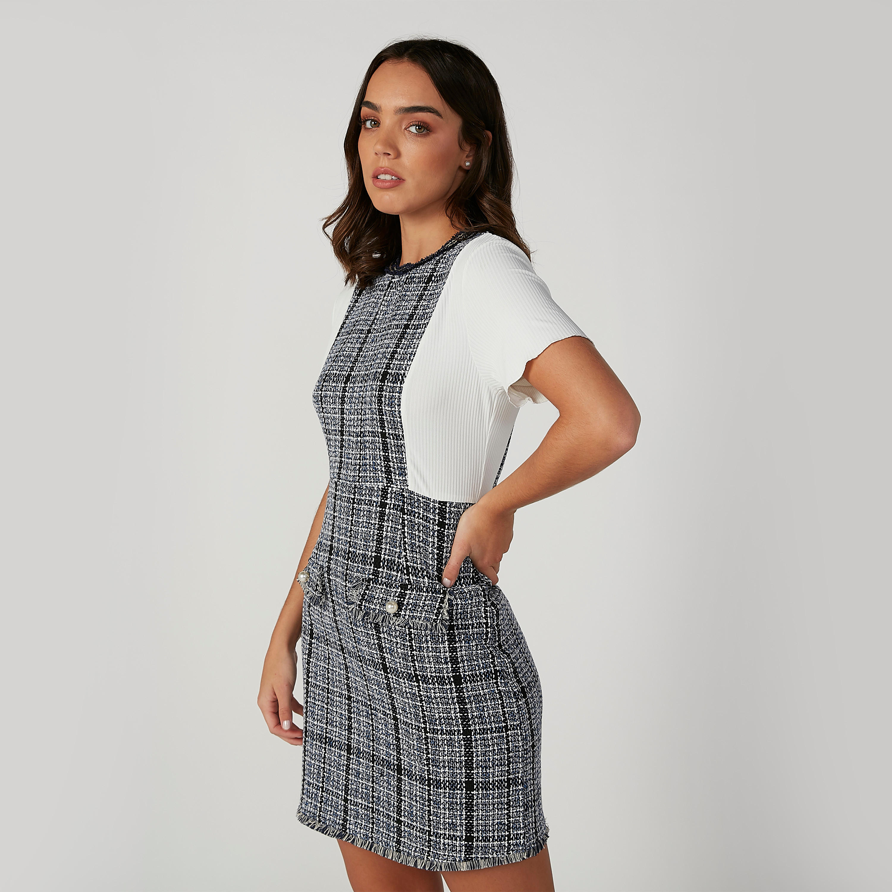 فستان قصير إيه لاين كاروهات بياقة مستديرة وأكمام قصيرة-women-clothing-dresses-image-3