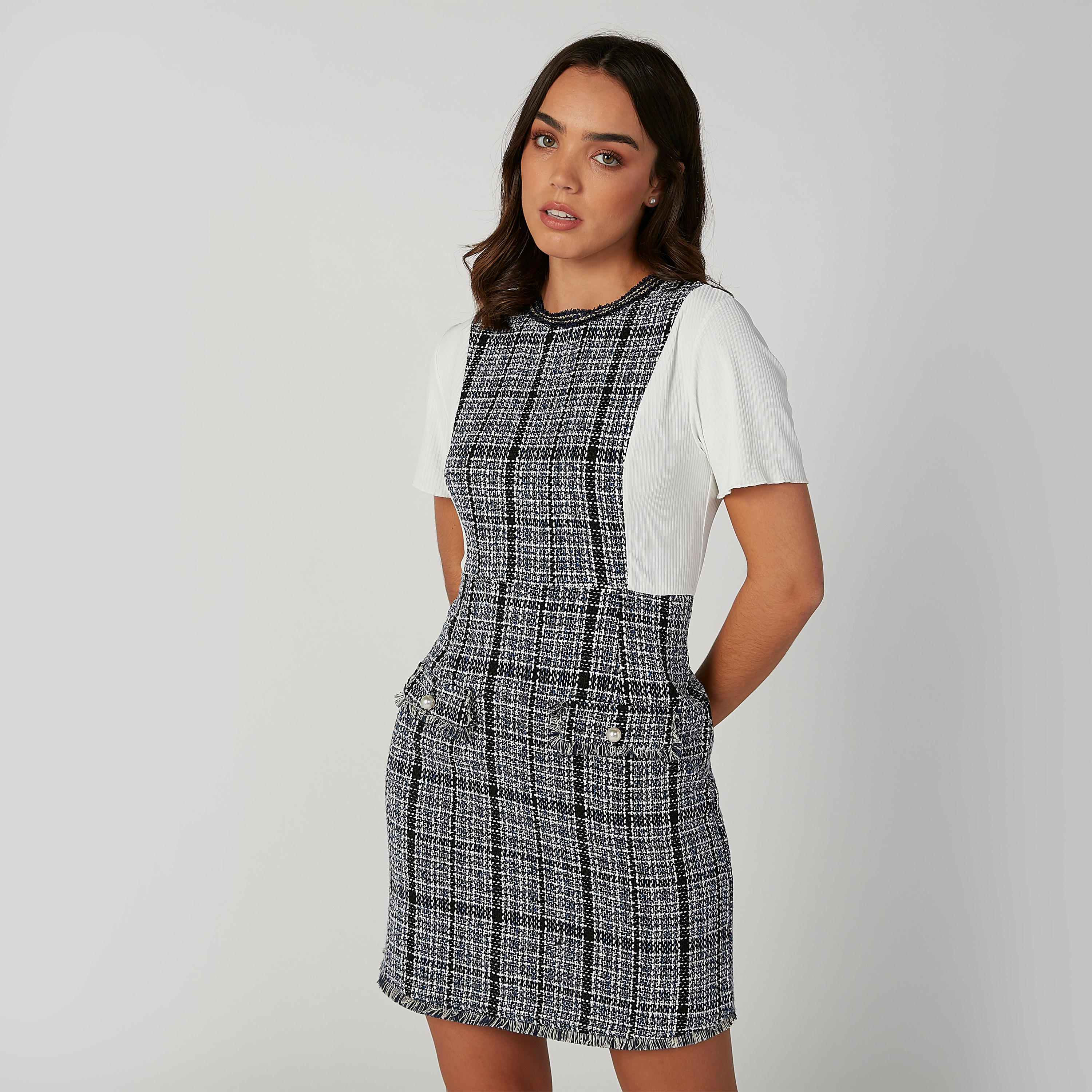 فستان قصير إيه لاين كاروهات بياقة مستديرة وأكمام قصيرة-women-clothing-dresses-image-4