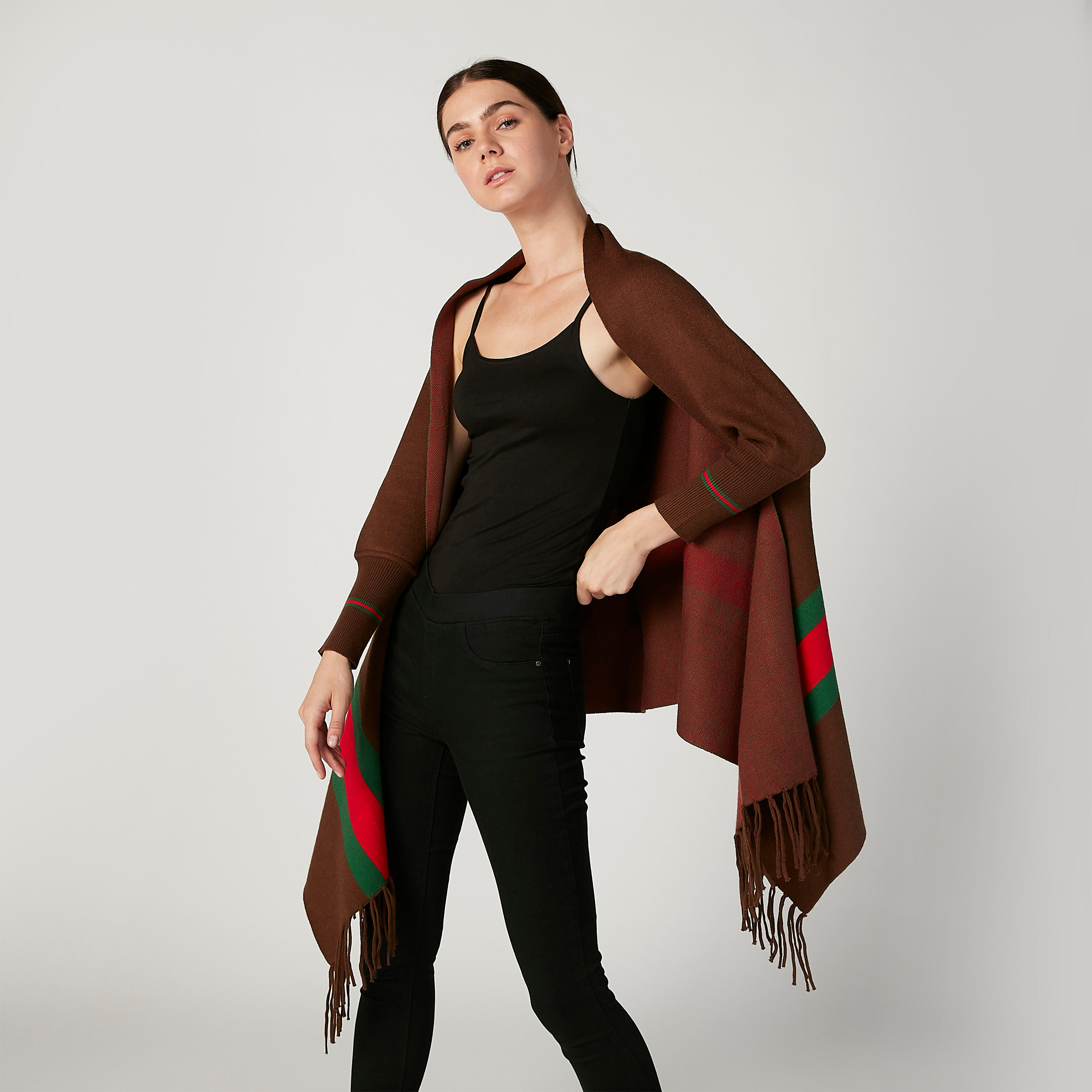 Wide Fit Striped Cardigan with Long Sleeves and Fringes-women-winterwear-cardigansandjumpers-cardigans-image-1