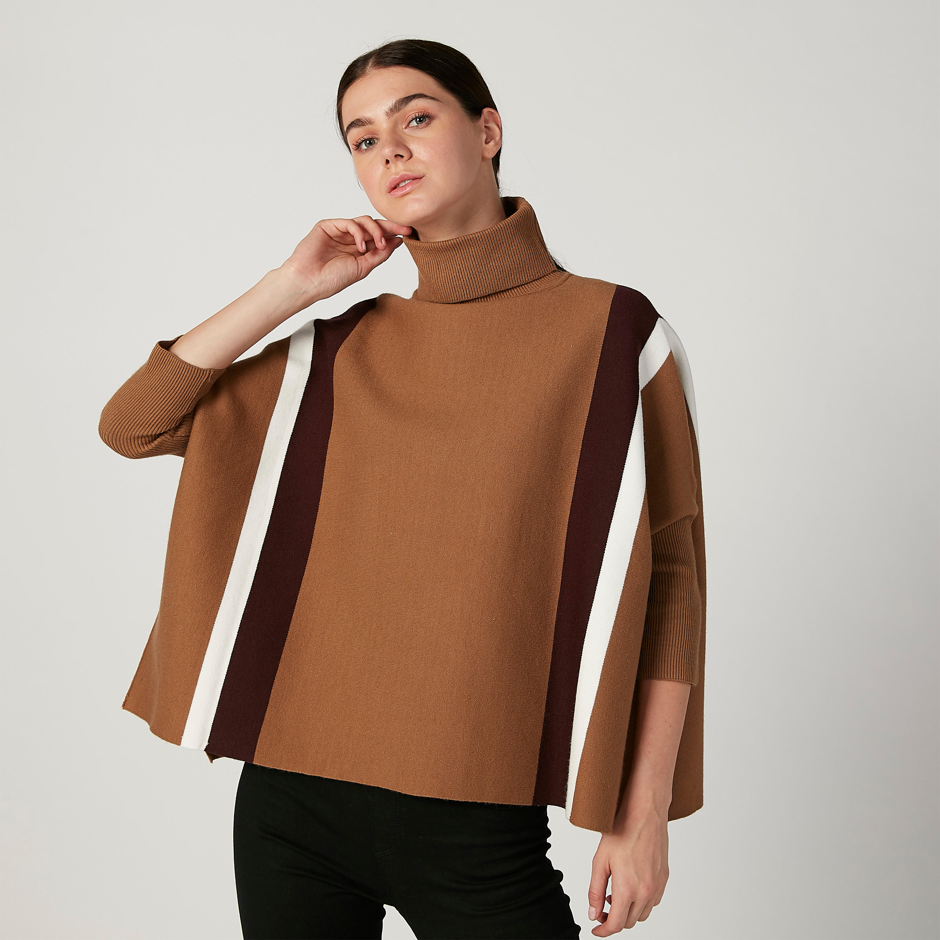 كارديجان مخطط بقصّة واسعة وياقة عالية وأكمام 4/3-women-clothing-cardigansandjumpers-jumpers-image-1