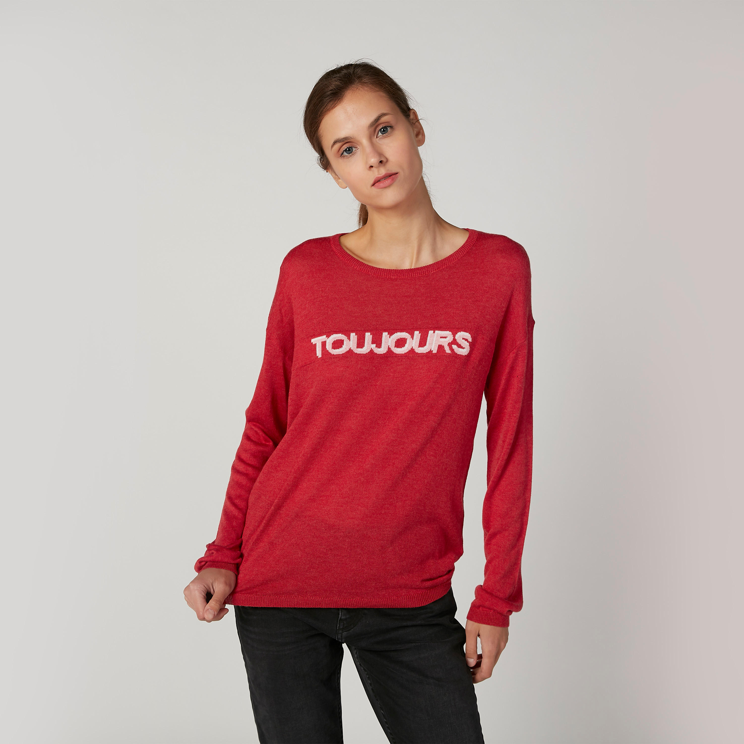 Textured T-shirt with Round Neck and Long Sleeves-women-clothing-tshirts-image-1