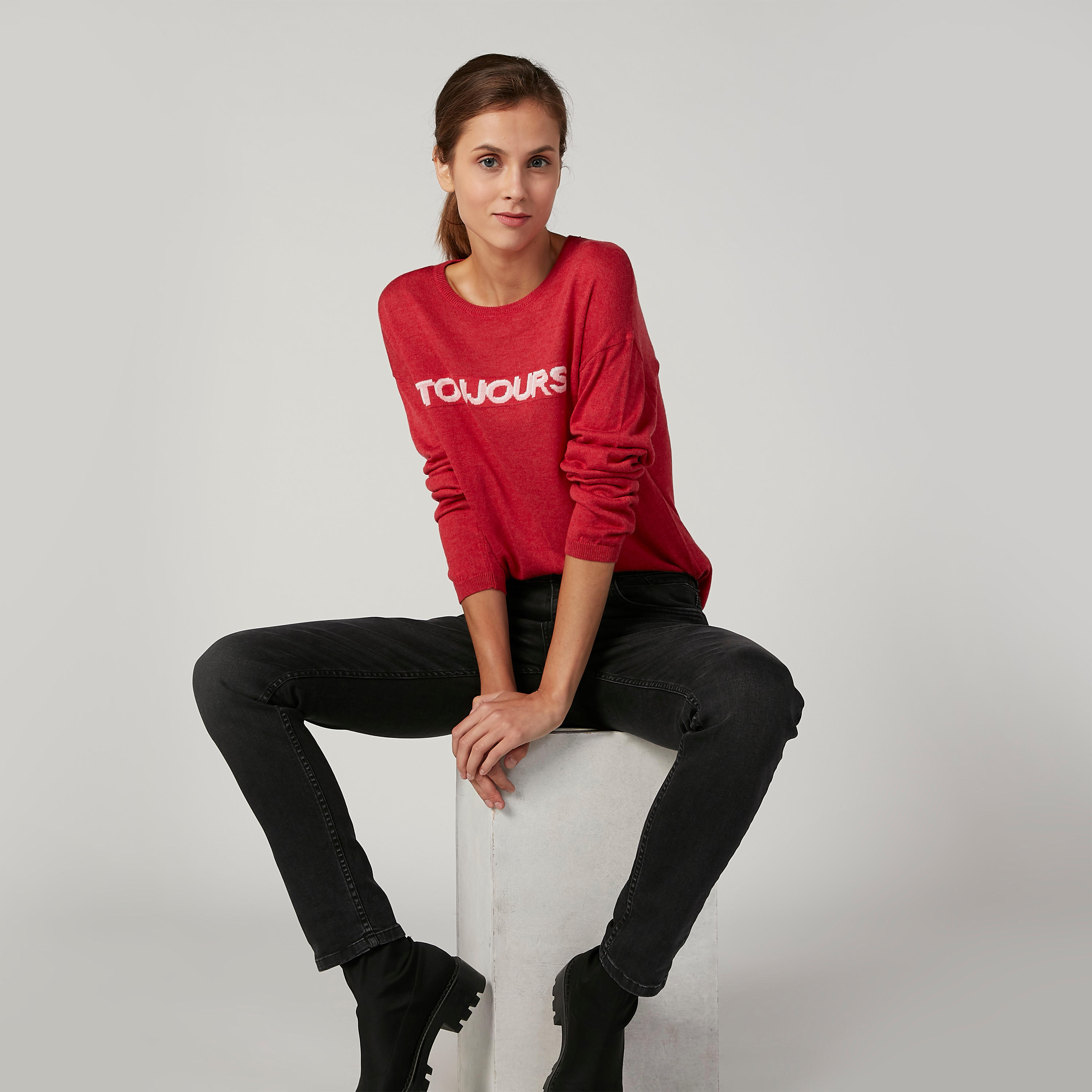 Textured T-shirt with Round Neck and Long Sleeves-women-clothing-tshirts-image-2