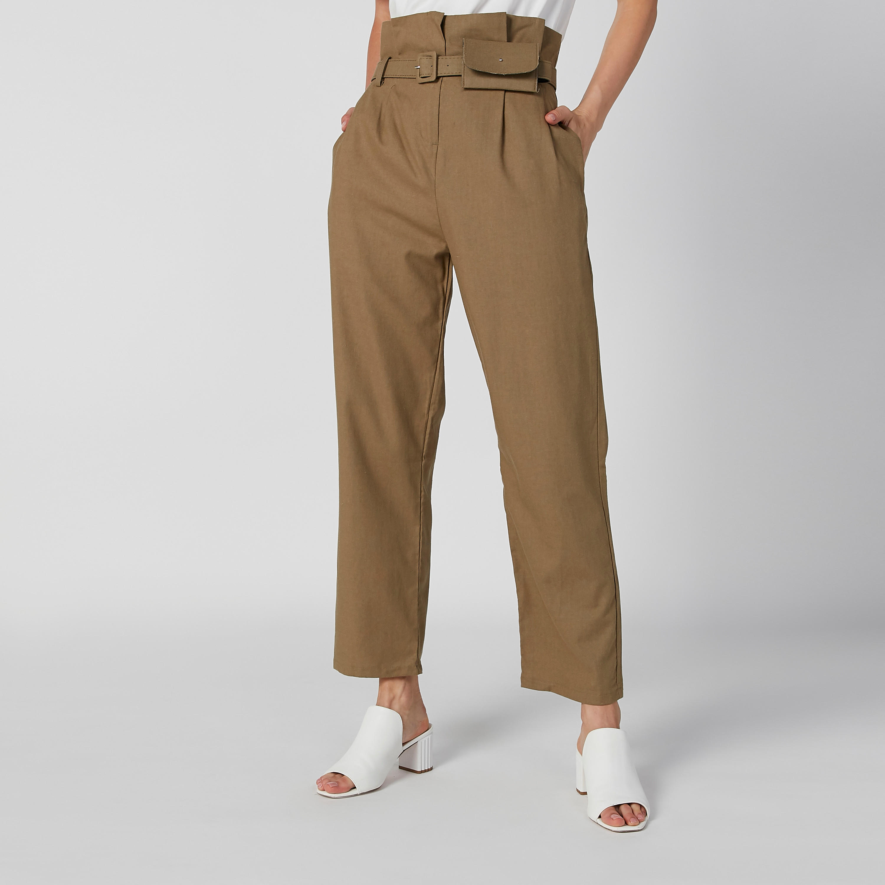 بنطلون سادة بخصر بيبرباج وجيوب-women-clothing-bottoms-trousers-image-1