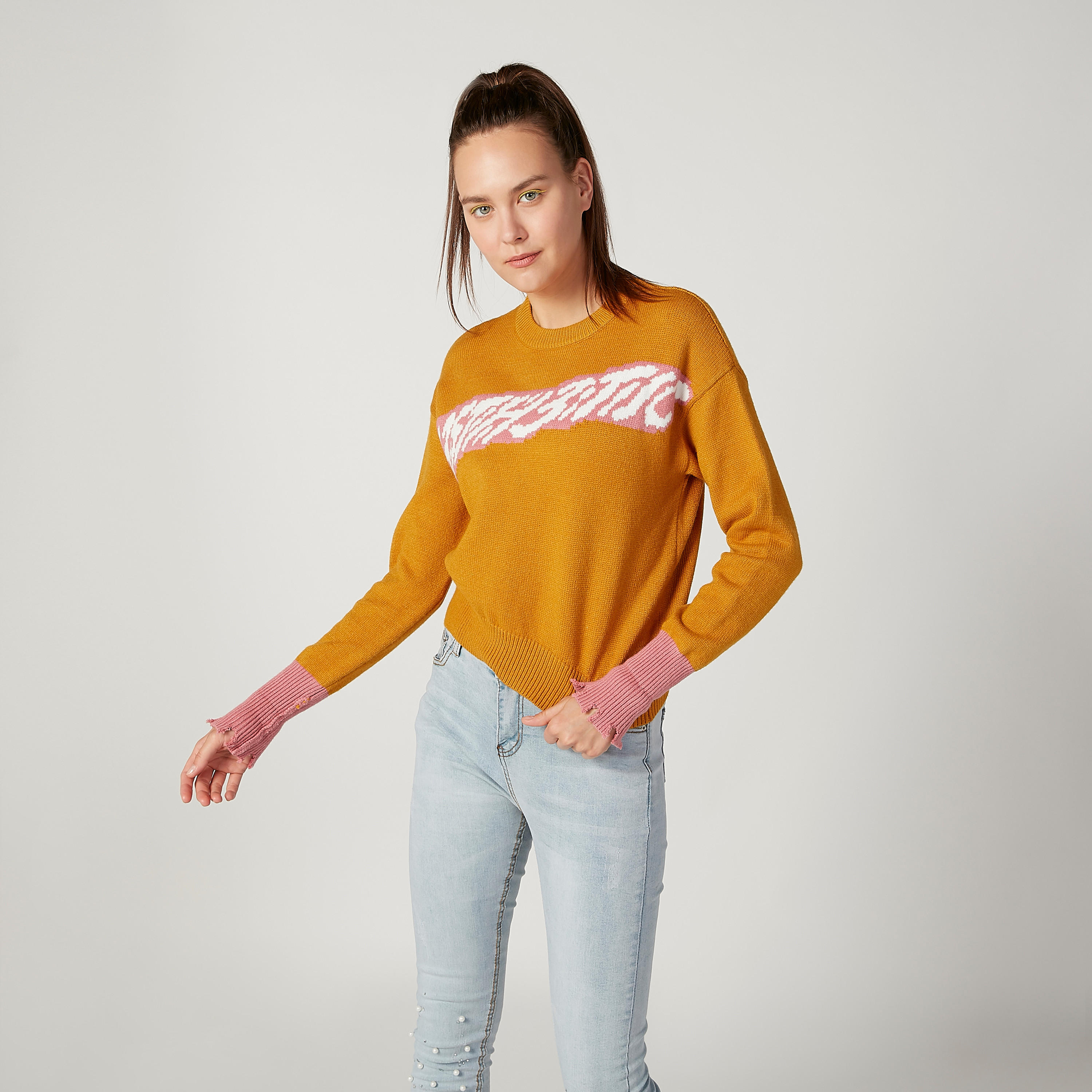 Textured Sweater with Round Neck and Long Sleeves-women-clothing-cardigansandjumpers-jumpers-image-1