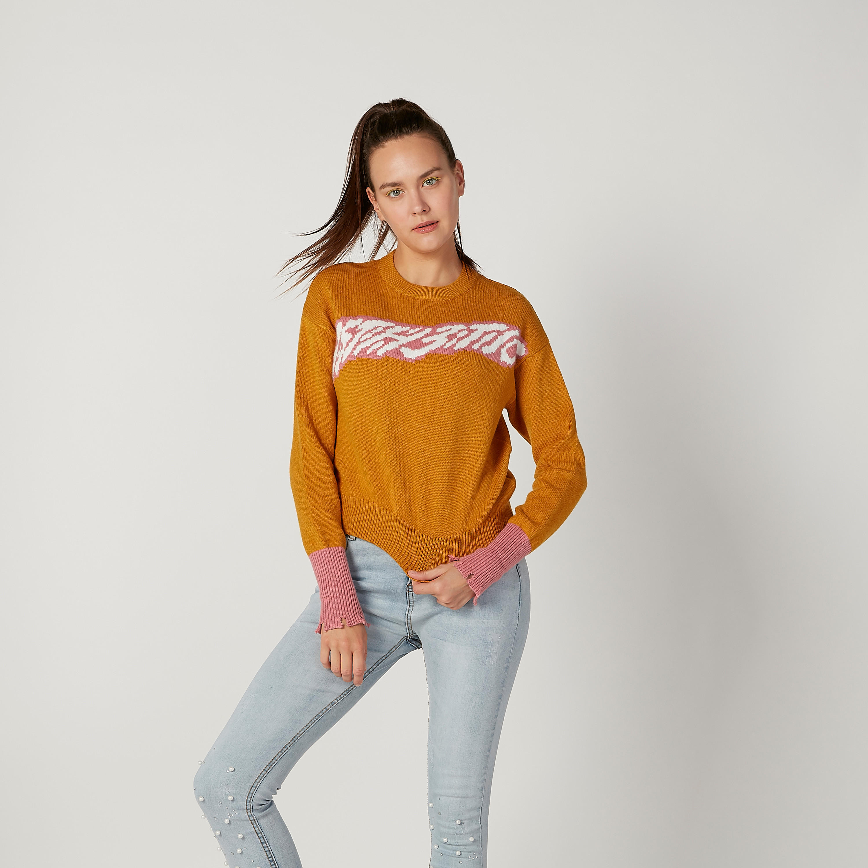 Textured Sweater with Round Neck and Long Sleeves-women-clothing-cardigansandjumpers-jumpers-image-2
