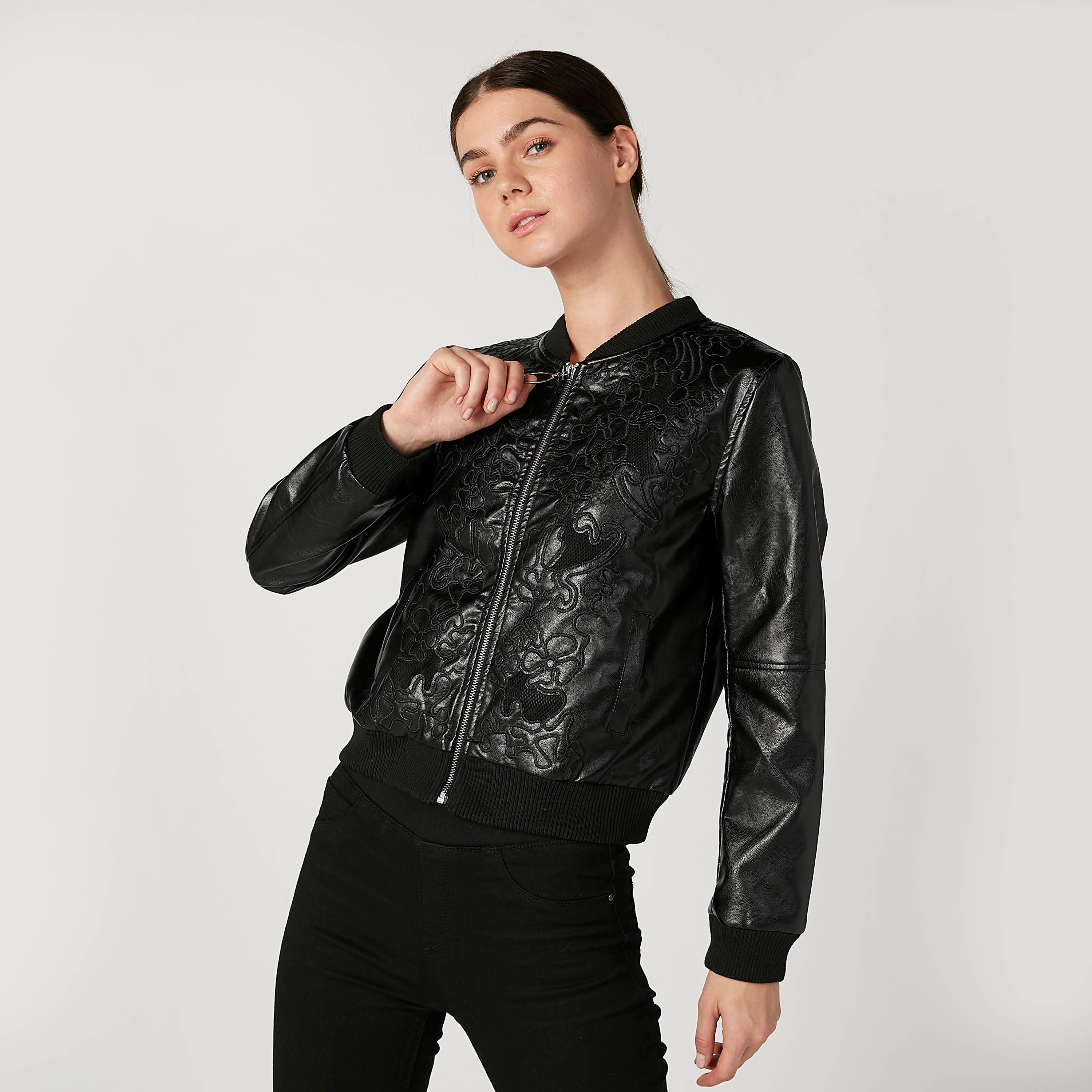 Embroidered Jacket with Long Sleeves and Zip Closure-women-winterwear-coatsandjackets-jackets-image-1