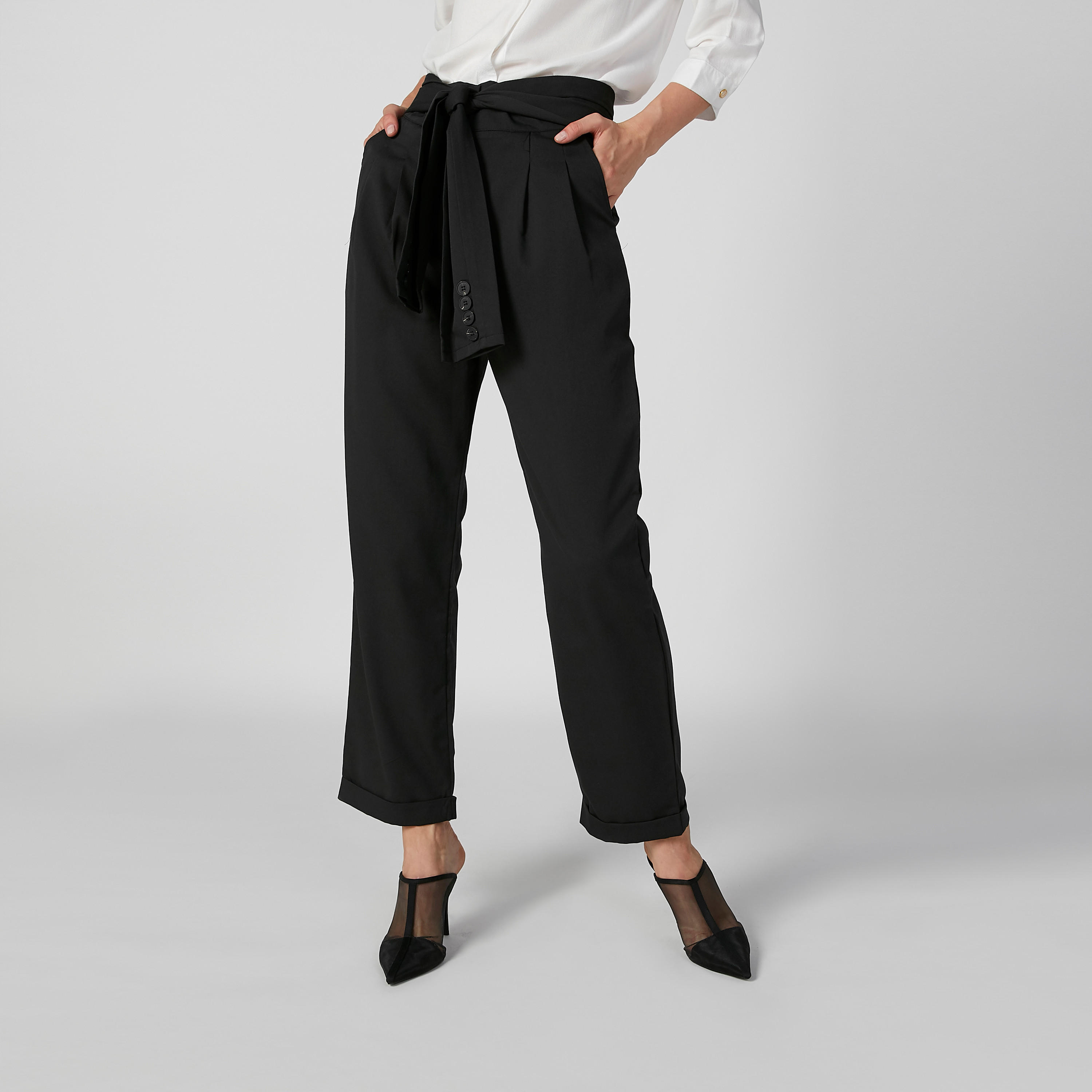 بنطلون سادة بخصر متوسط الارتفاع وجيوب وأربطة-women-clothing-bottoms-trousers-image-1