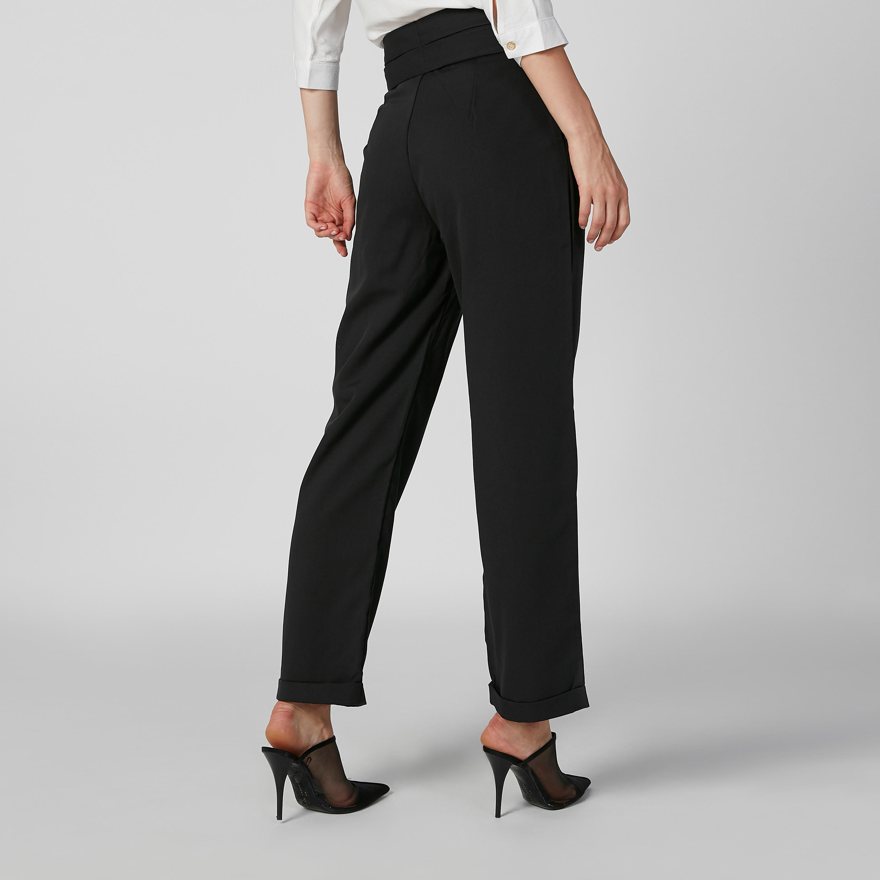 بنطلون سادة بخصر متوسط الارتفاع وجيوب وأربطة-women-clothing-bottoms-trousers-image-4