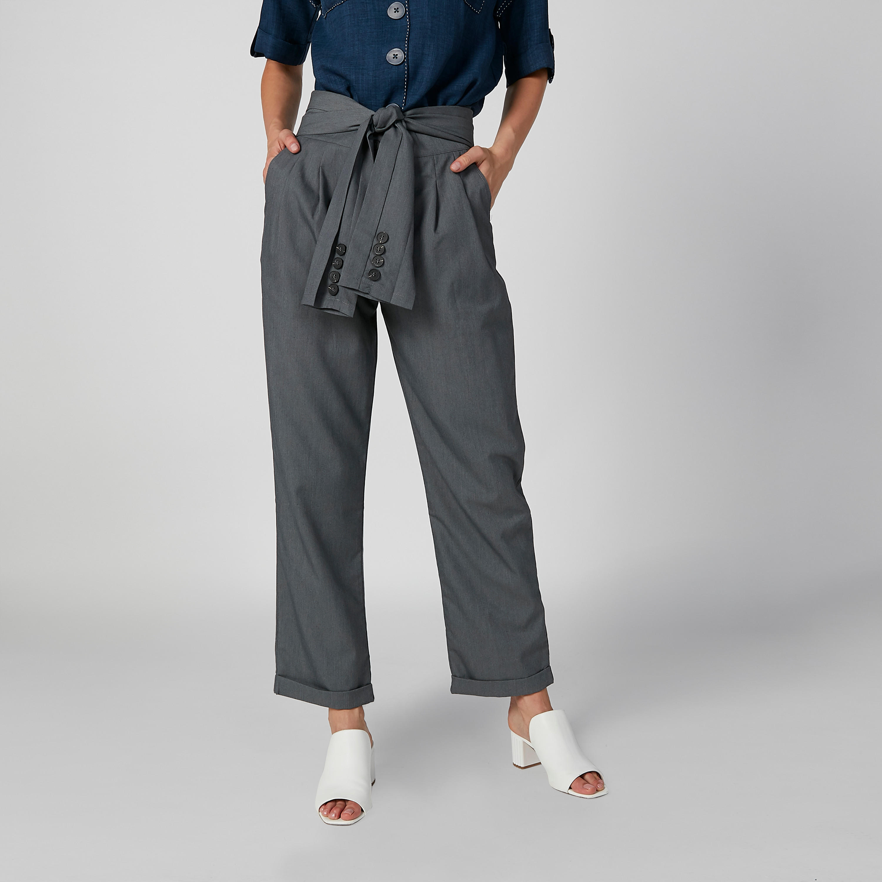 Plain Mid Waist Trousers with Pocket Detail and Tie Ups-women-clothing-bottoms-trousers-image-1
