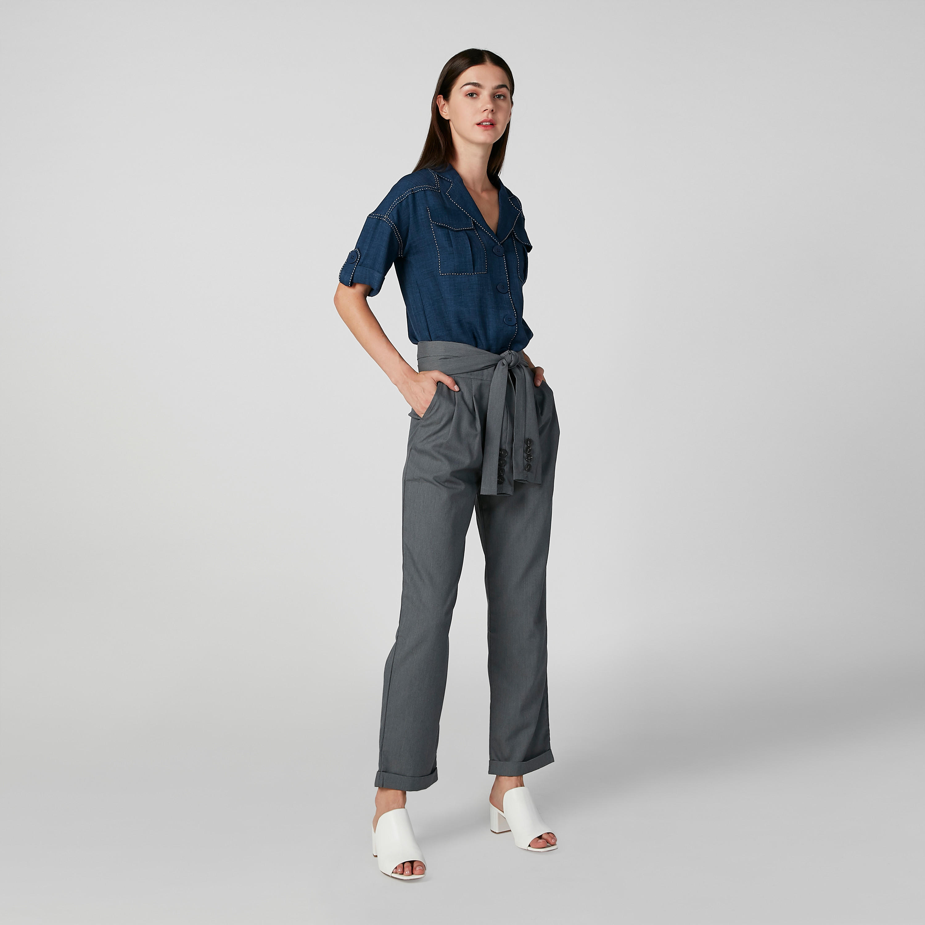 Plain Mid Waist Trousers with Pocket Detail and Tie Ups-women-clothing-bottoms-trousers-image-2