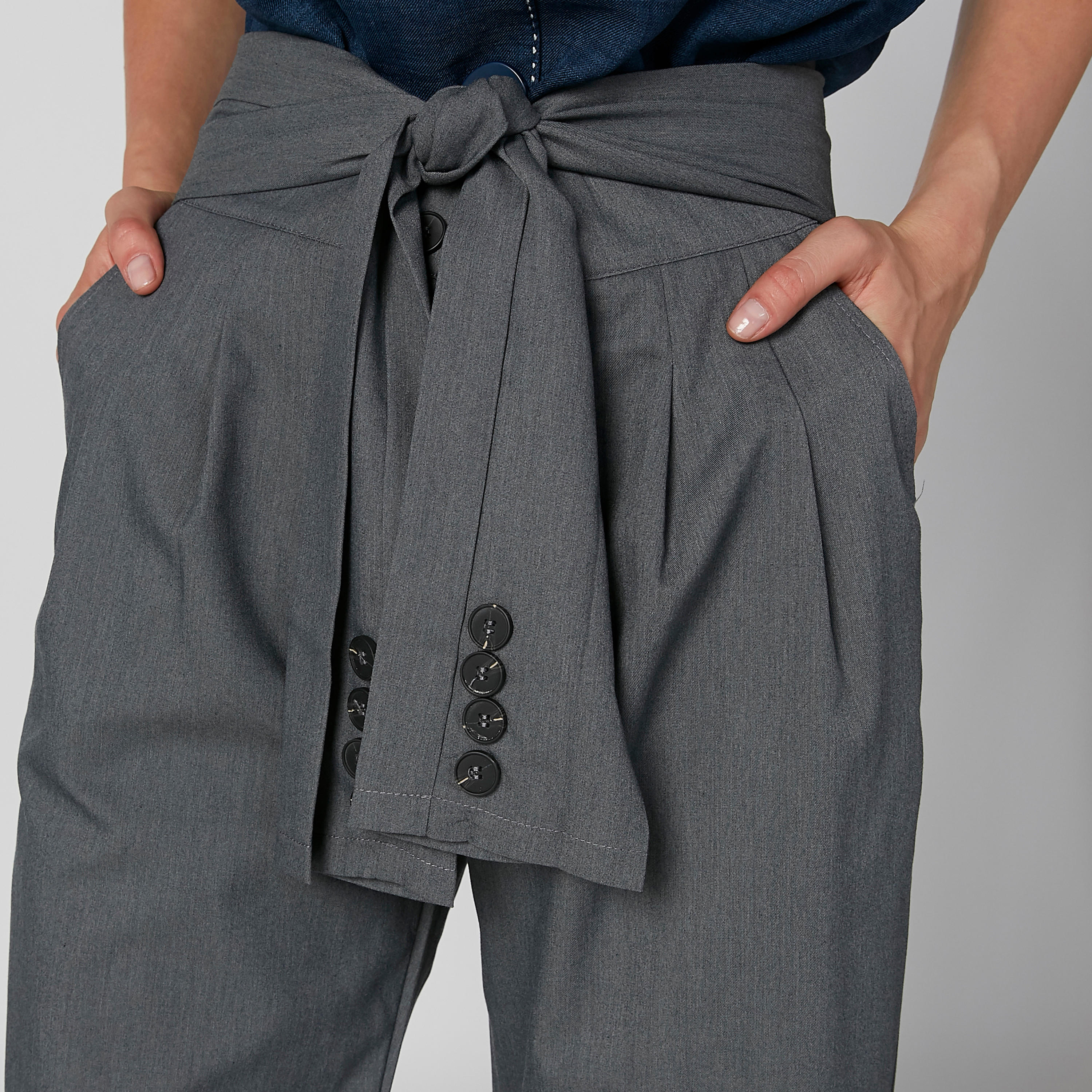 Plain Mid Waist Trousers with Pocket Detail and Tie Ups-women-clothing-bottoms-trousers-image-3