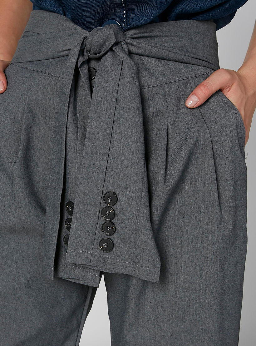 Plain Mid Waist Trousers with Pocket Detail and Tie Ups-women-clothing-bottoms-trousers-image-3