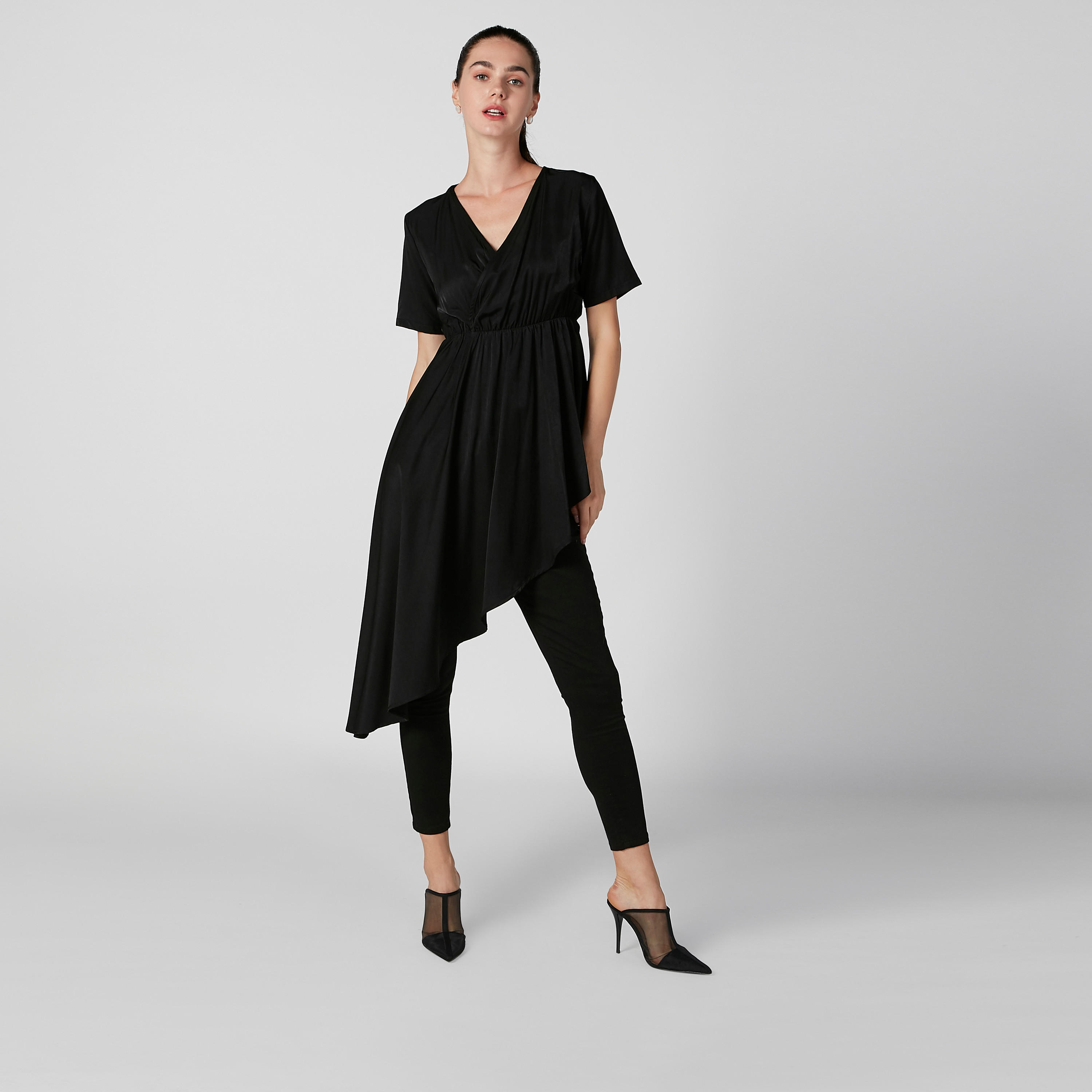 Plain Asymmetric Top with V-neck and Short Sleeves-women-clothing-shirtsandblouses-blouses-image-1
