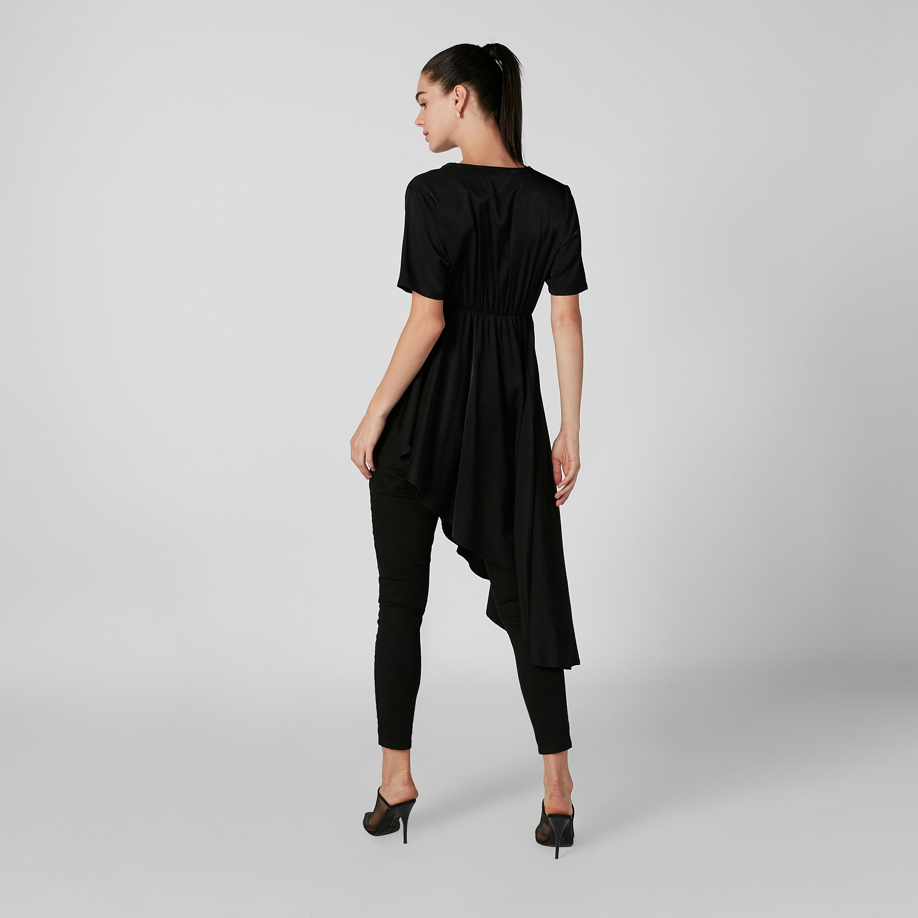 Plain Asymmetric Top with V-neck and Short Sleeves-women-clothing-shirtsandblouses-blouses-image-4