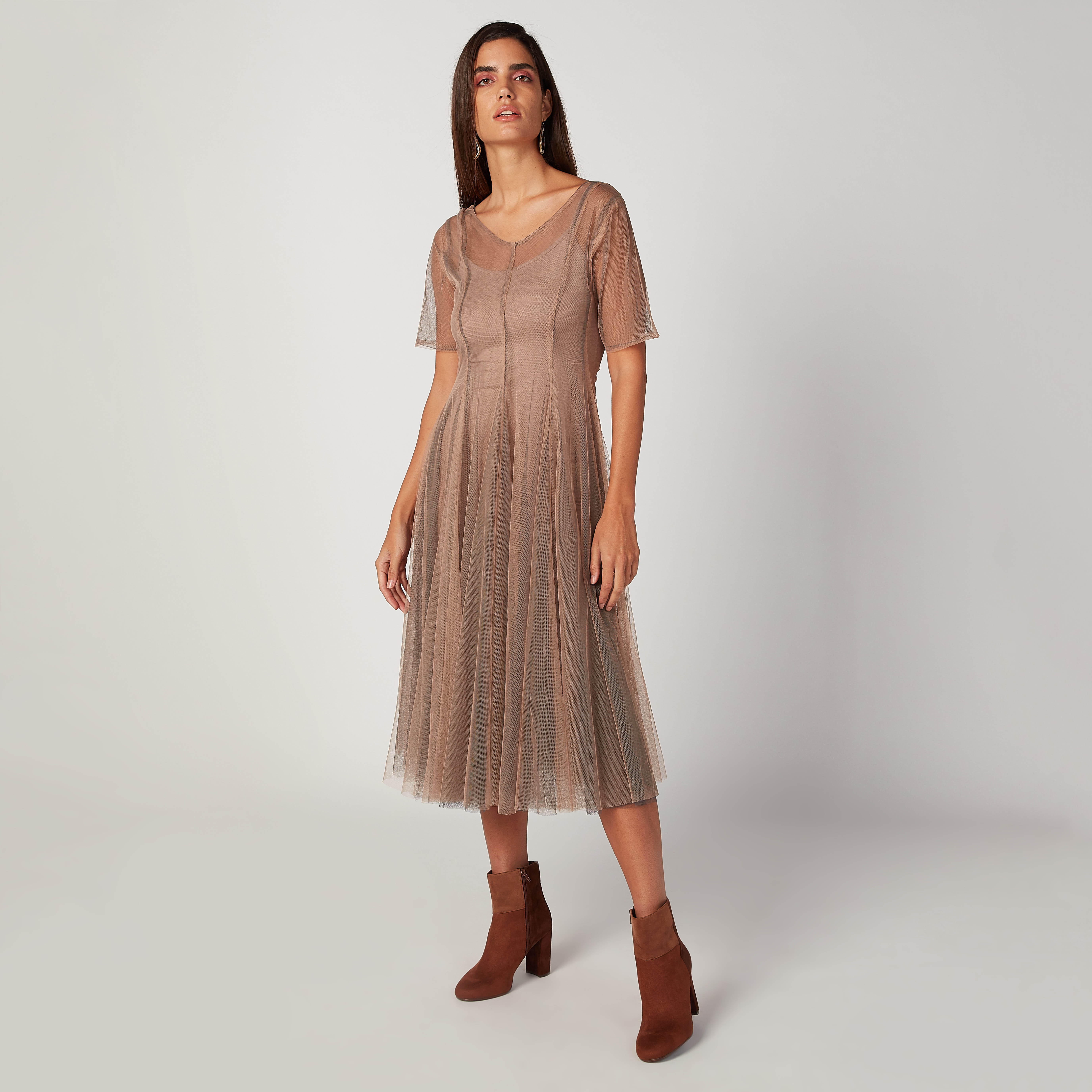 فستان دانتيل ميدي إيه لاين بأكمام قصيرة-women-clothing-dresses-image-1