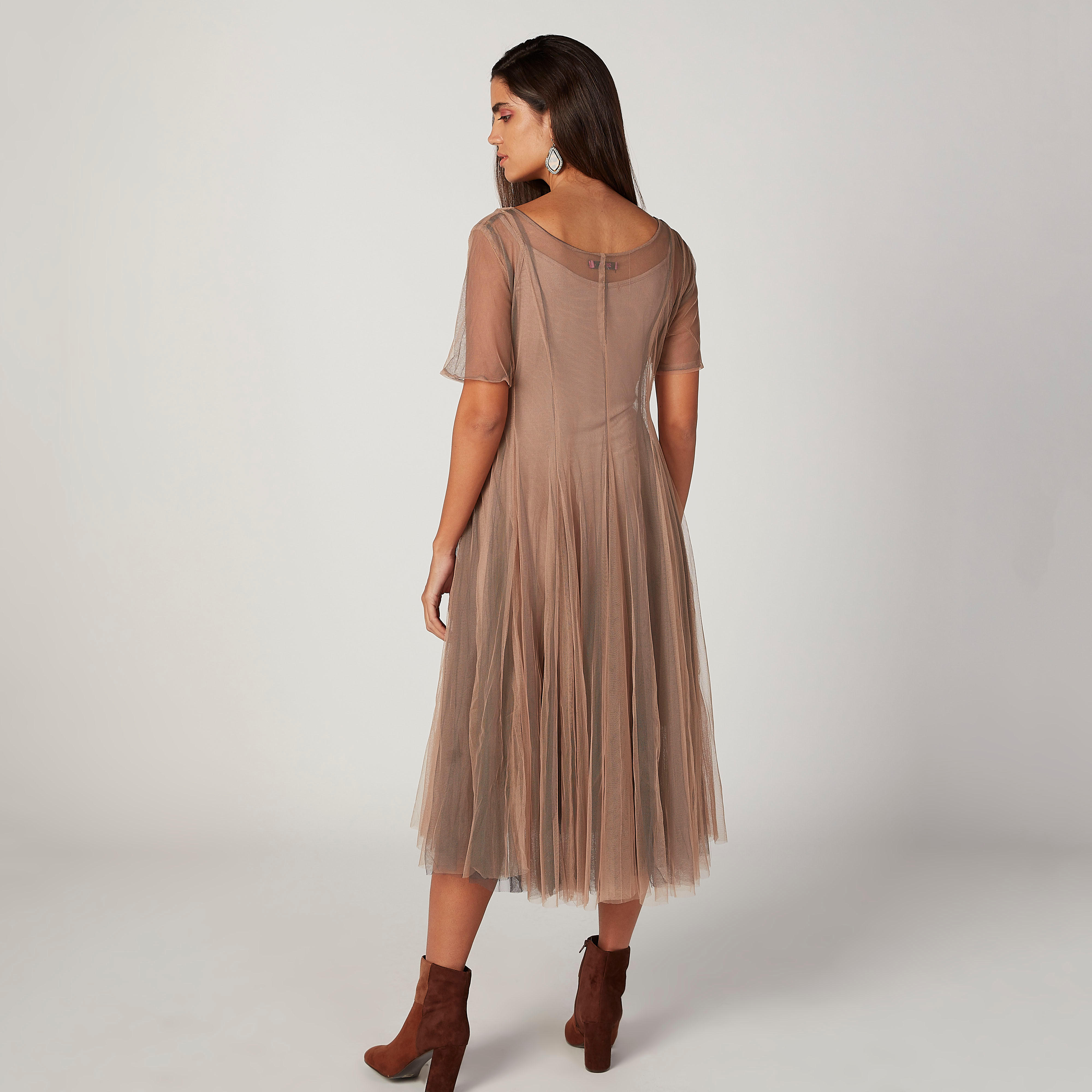 فستان دانتيل ميدي إيه لاين بأكمام قصيرة-women-clothing-dresses-image-4