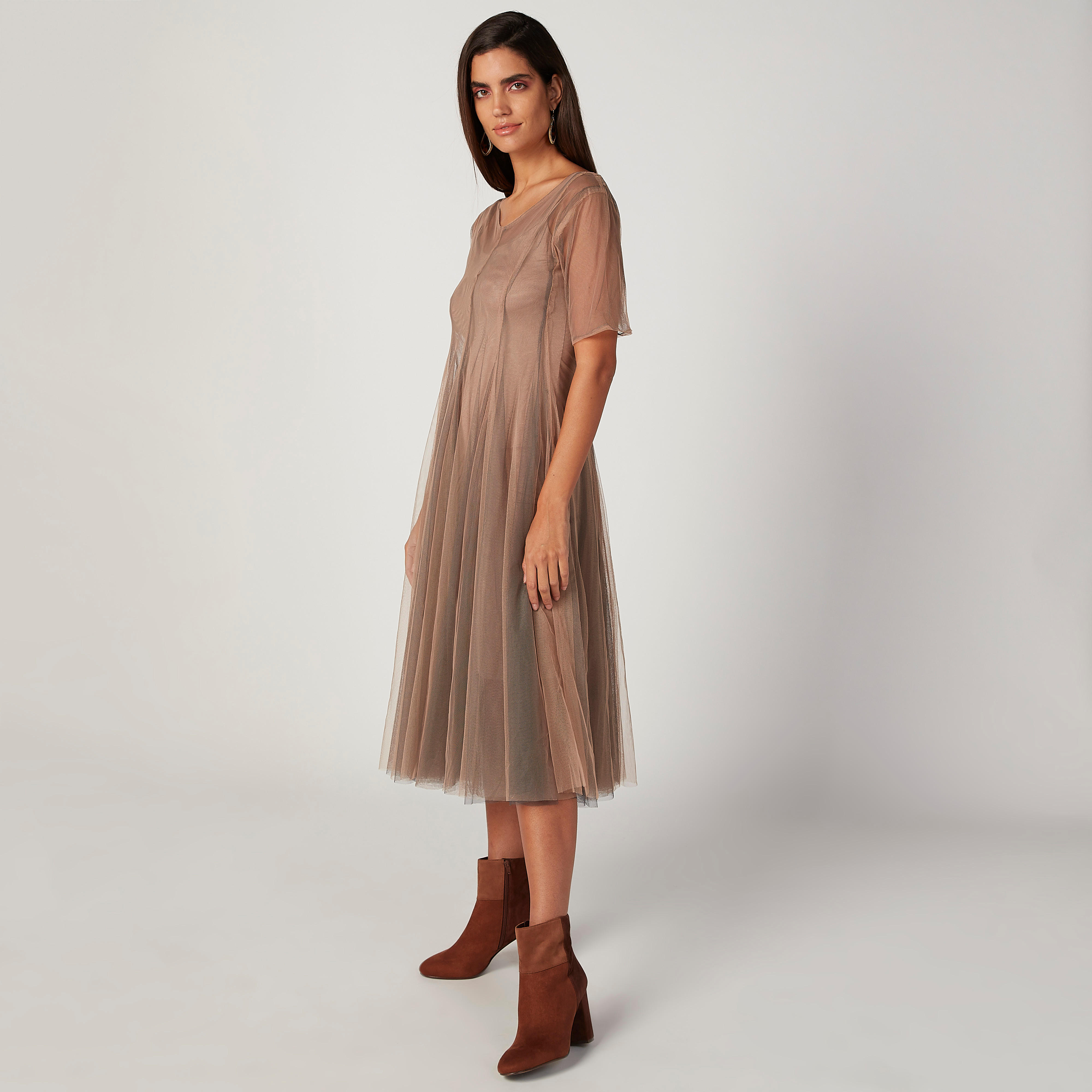 فستان دانتيل ميدي إيه لاين بأكمام قصيرة-women-clothing-dresses-image-5
