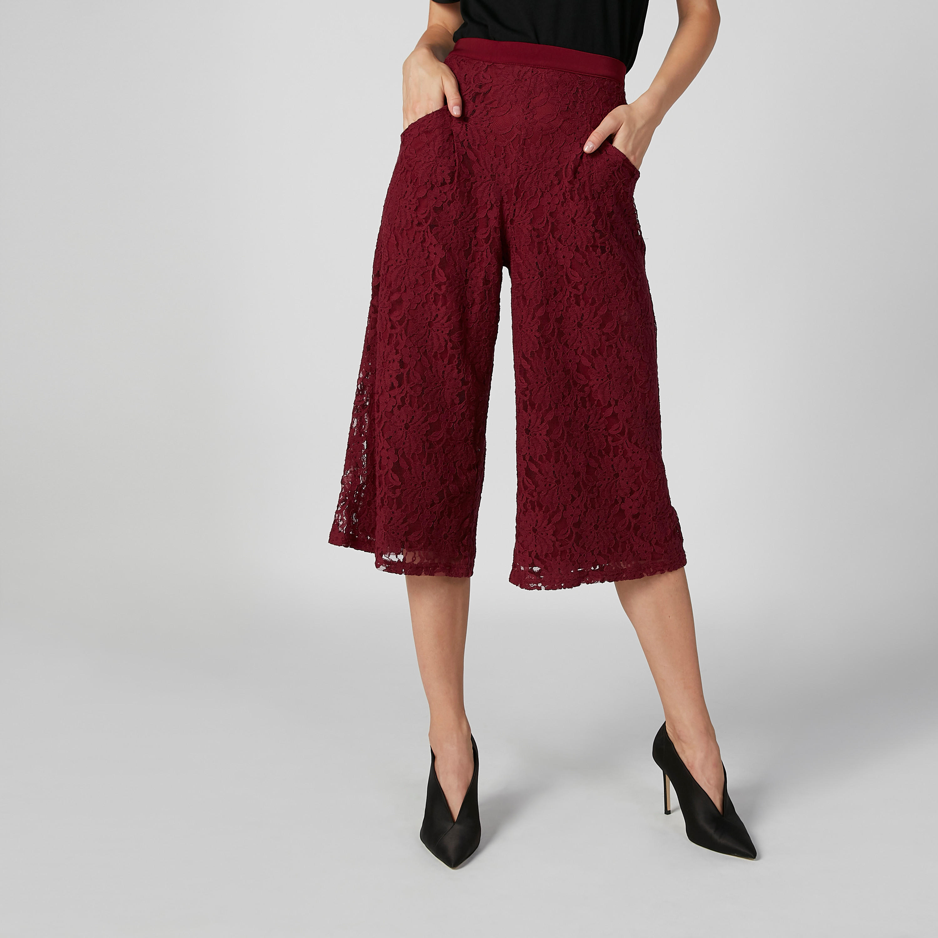 بنطلون كولوتيس بخصر مطّاطي متوسط الارتفاع وجيوب وتفاصيل دانتيل-women-clothing-bottoms-trousers-image-1