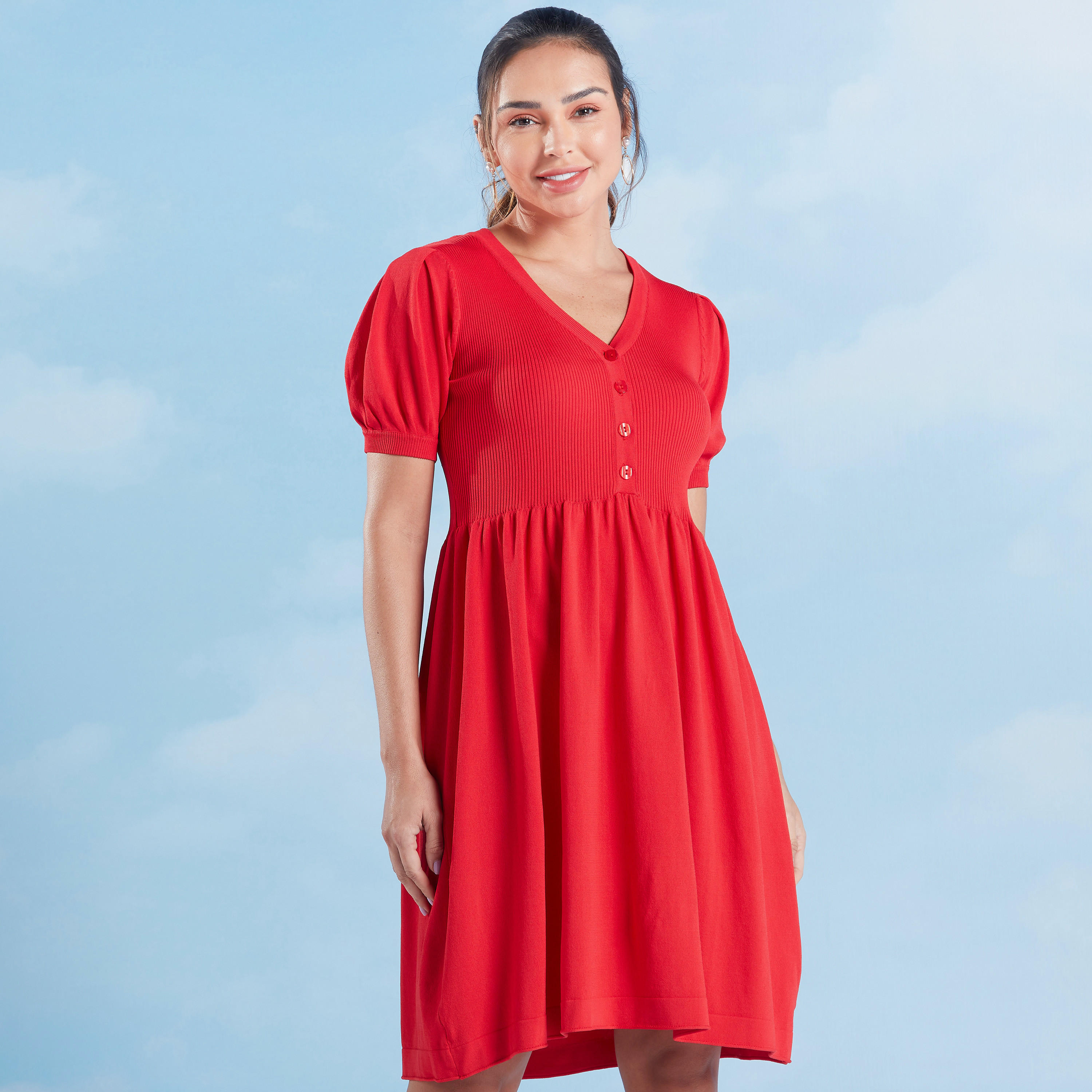 فستان إيه لاين بارز الملمس متوسط الطول بياقة V وأكمام قصيرة-women-clothing-dresses-image-1