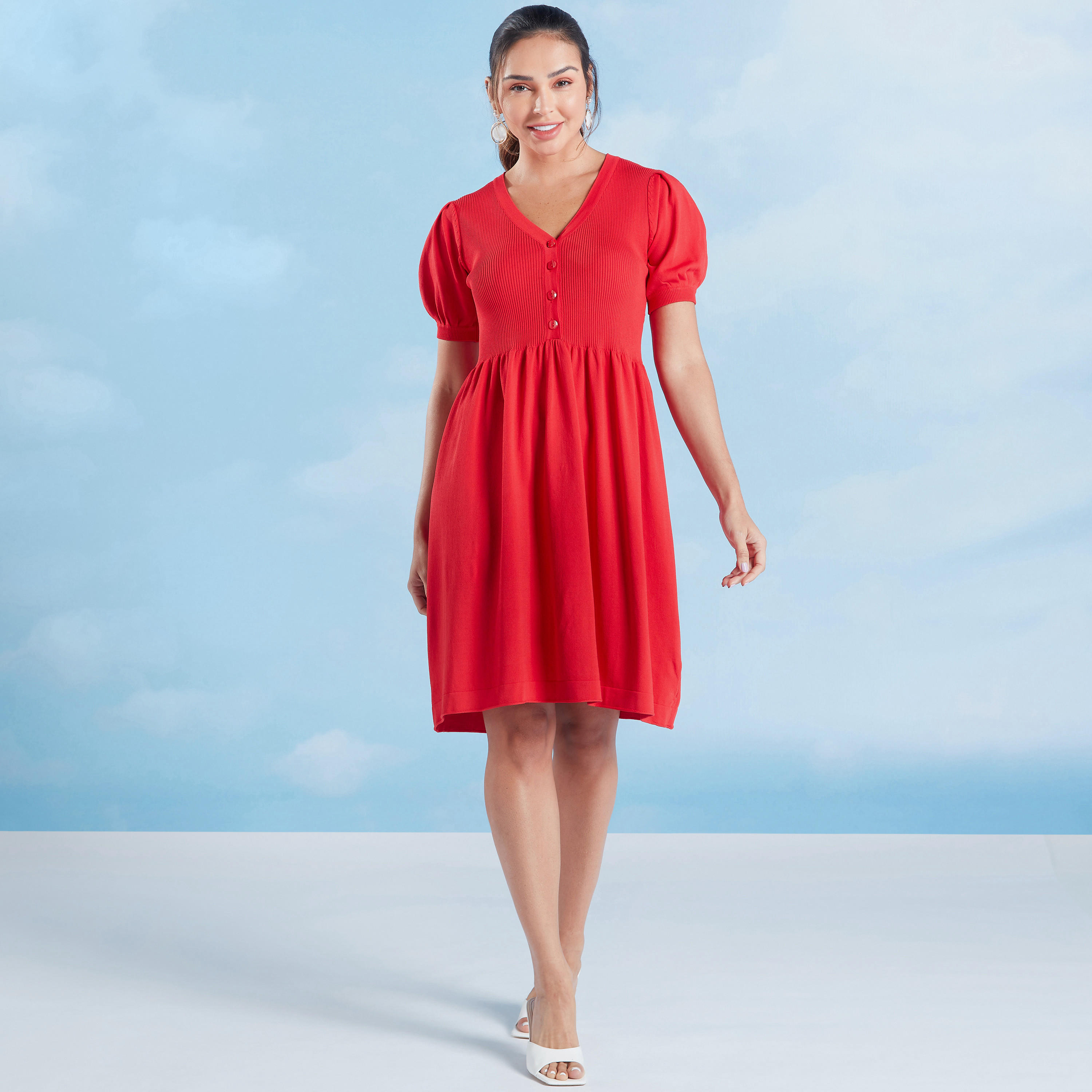 فستان إيه لاين بارز الملمس متوسط الطول بياقة V وأكمام قصيرة-women-clothing-dresses-image-2