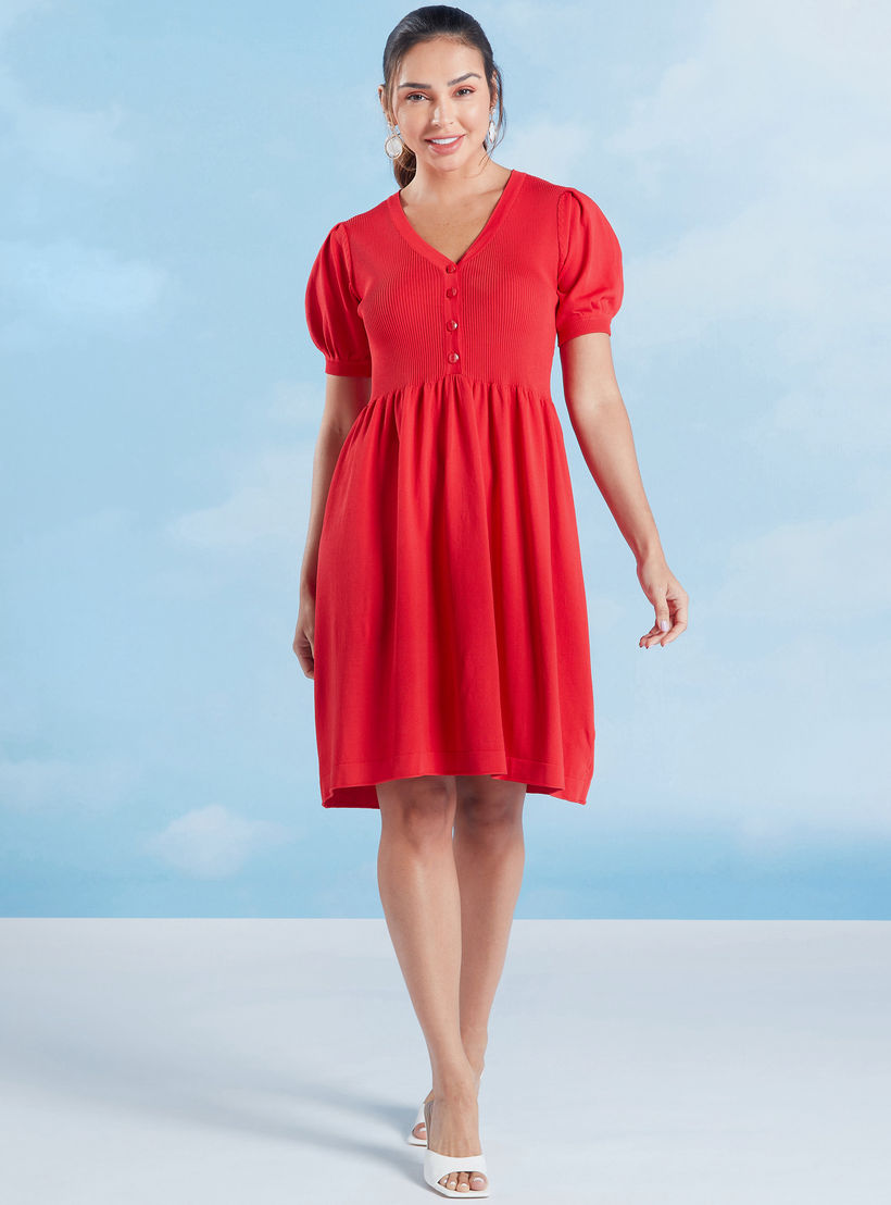 فستان إيه لاين بارز الملمس متوسط الطول بياقة V وأكمام قصيرة-women-clothing-dresses-image-2