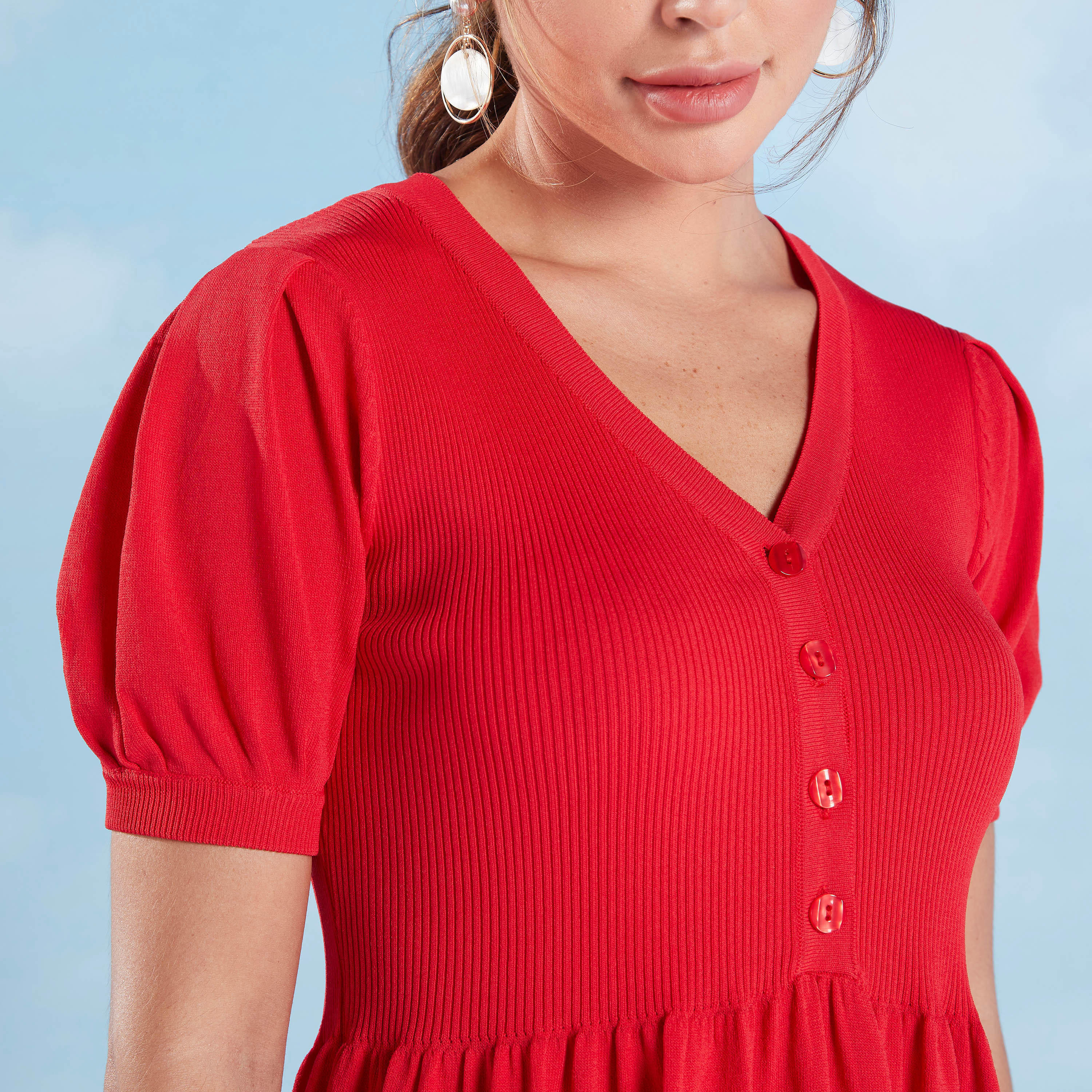 فستان إيه لاين بارز الملمس متوسط الطول بياقة V وأكمام قصيرة-women-clothing-dresses-image-3