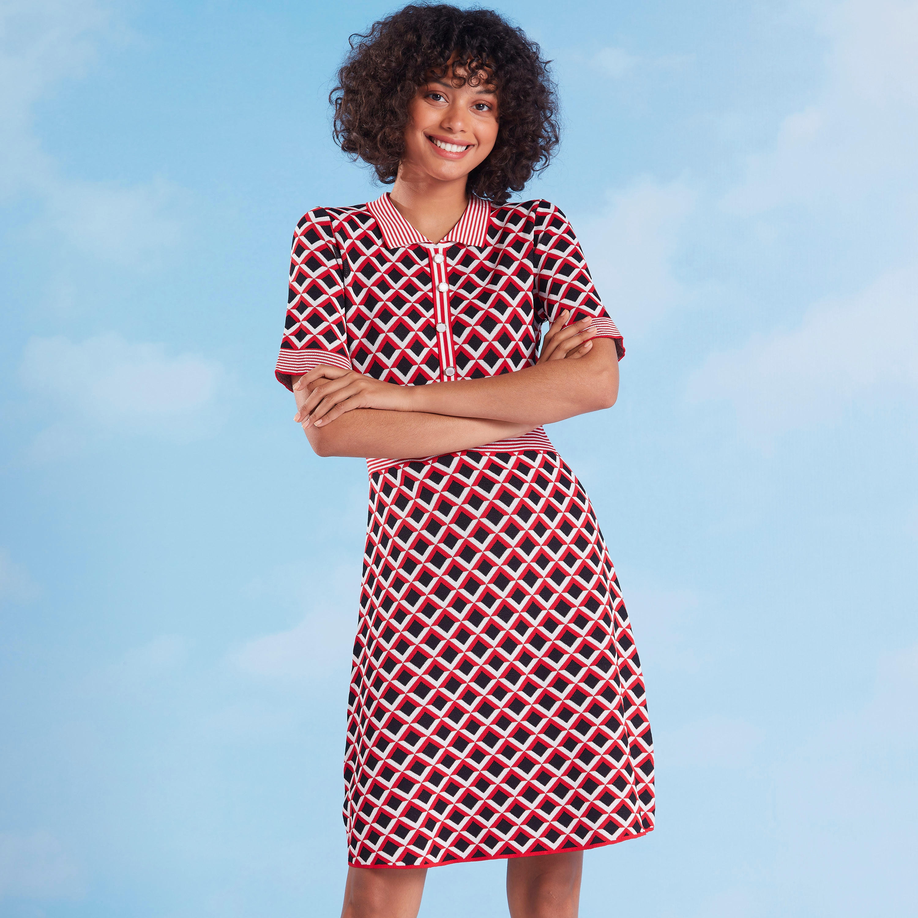 Printed Midi Dress with Short Sleeves and Spread Collar-women-clothing-dresses-image-2