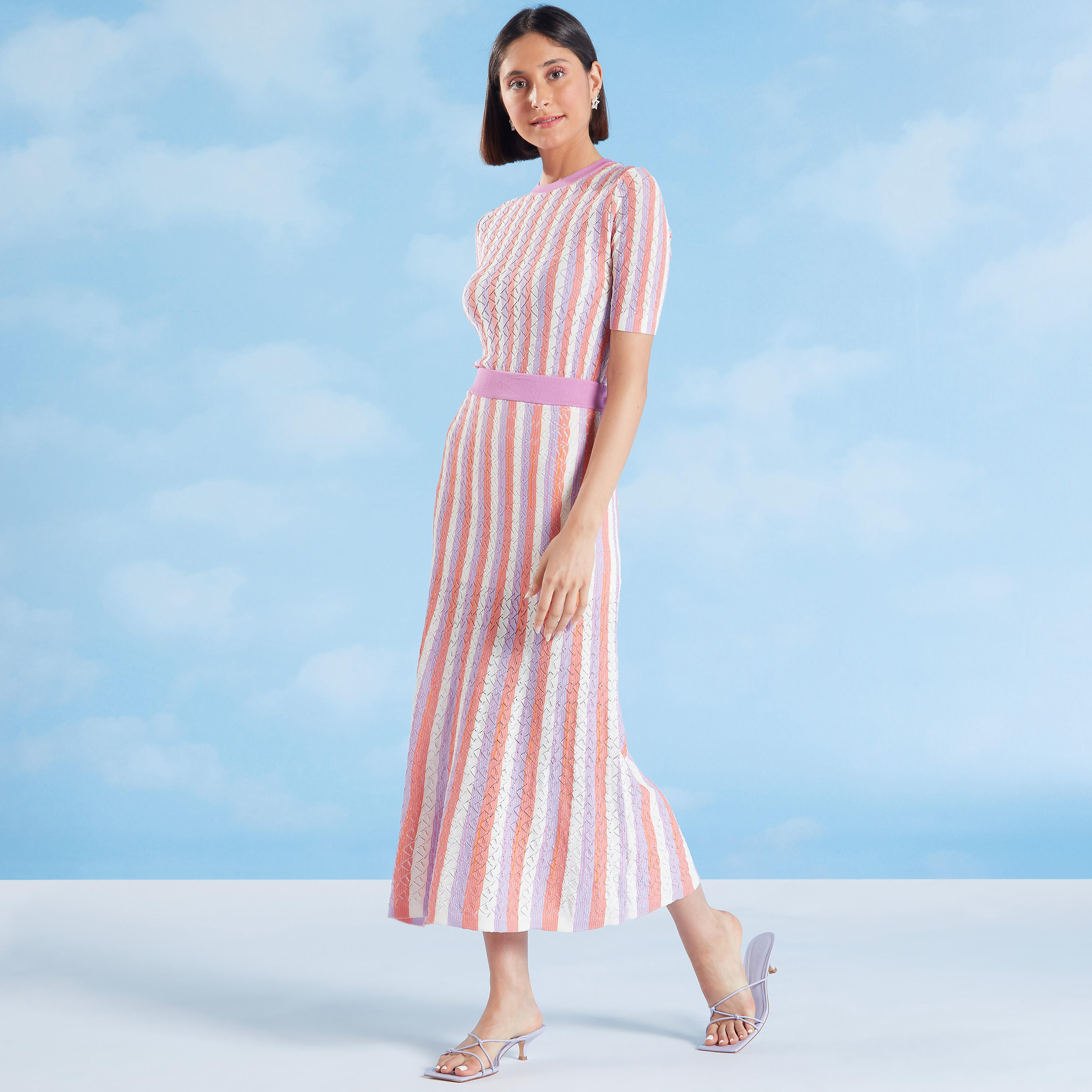 تنورة مقلّمة إيه لاين متوسطة الطول بخصر مطّاطي-women-clothing-bottoms-skirts-image-2