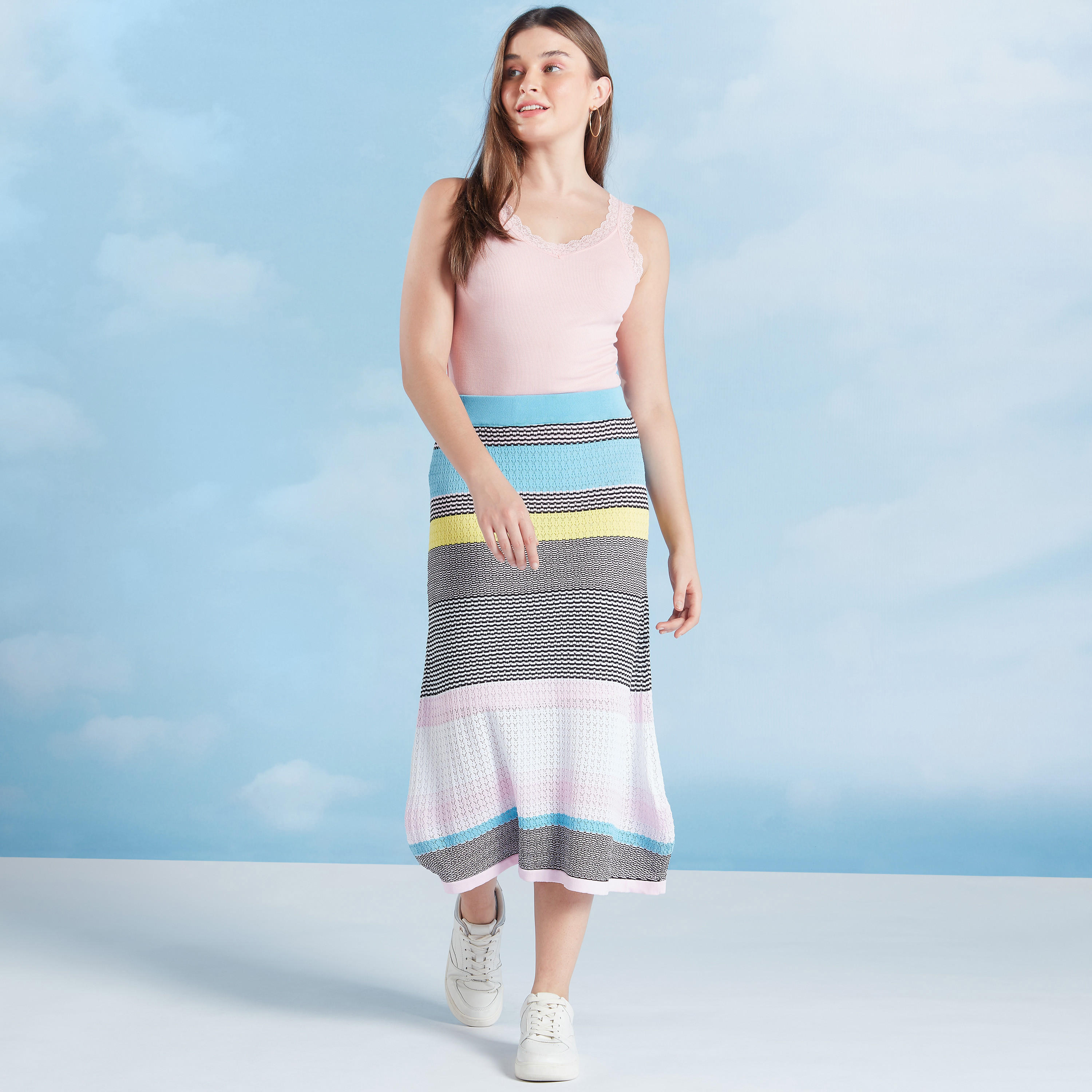 تنورة مقلّمة إيه لاين متوسطة الطول بخصر مطّاطي-women-clothing-bottoms-skirts-image-2