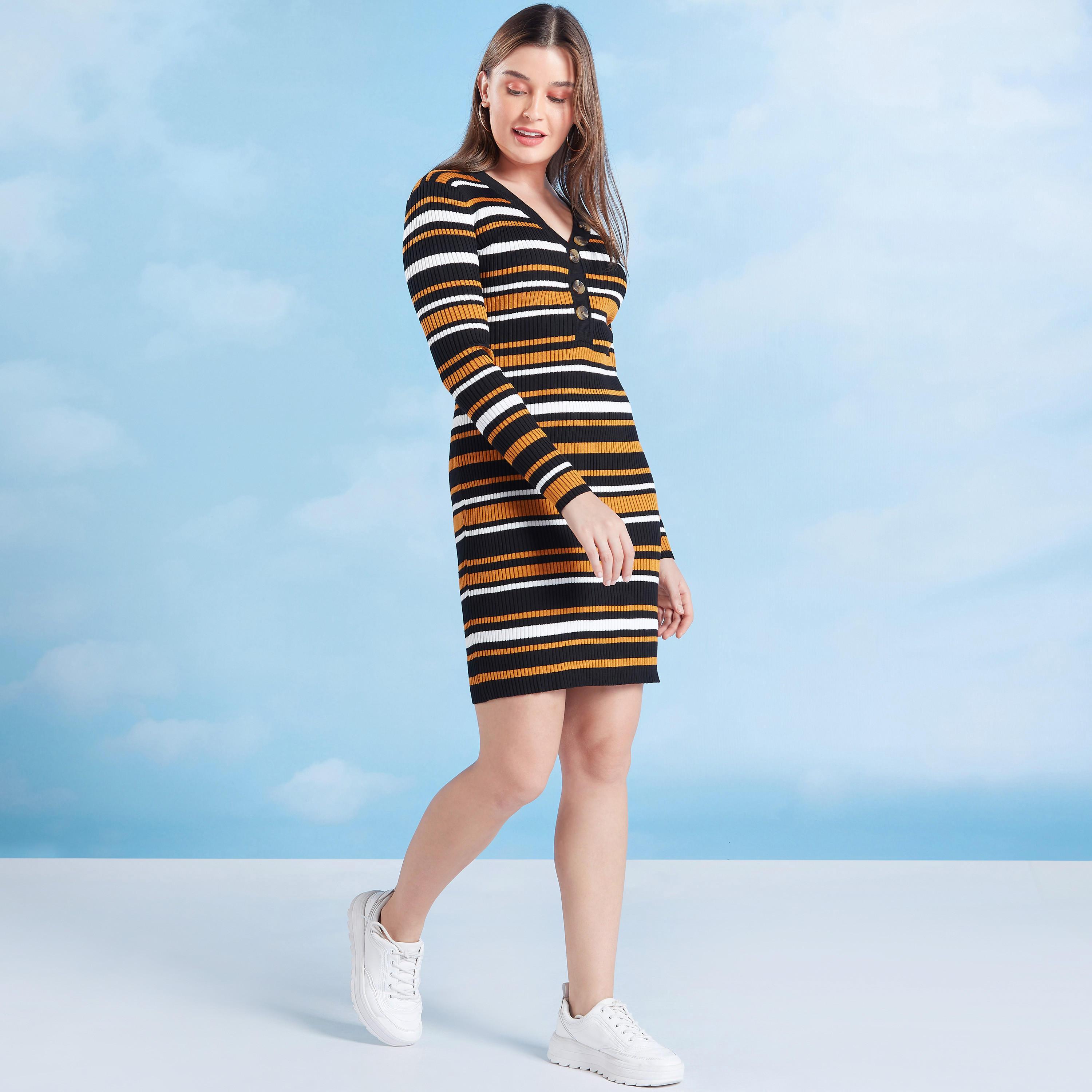 فستان قصير مقلم بقصّة ضيقة وأكمام طويلة-women-clothing-dresses-image-2