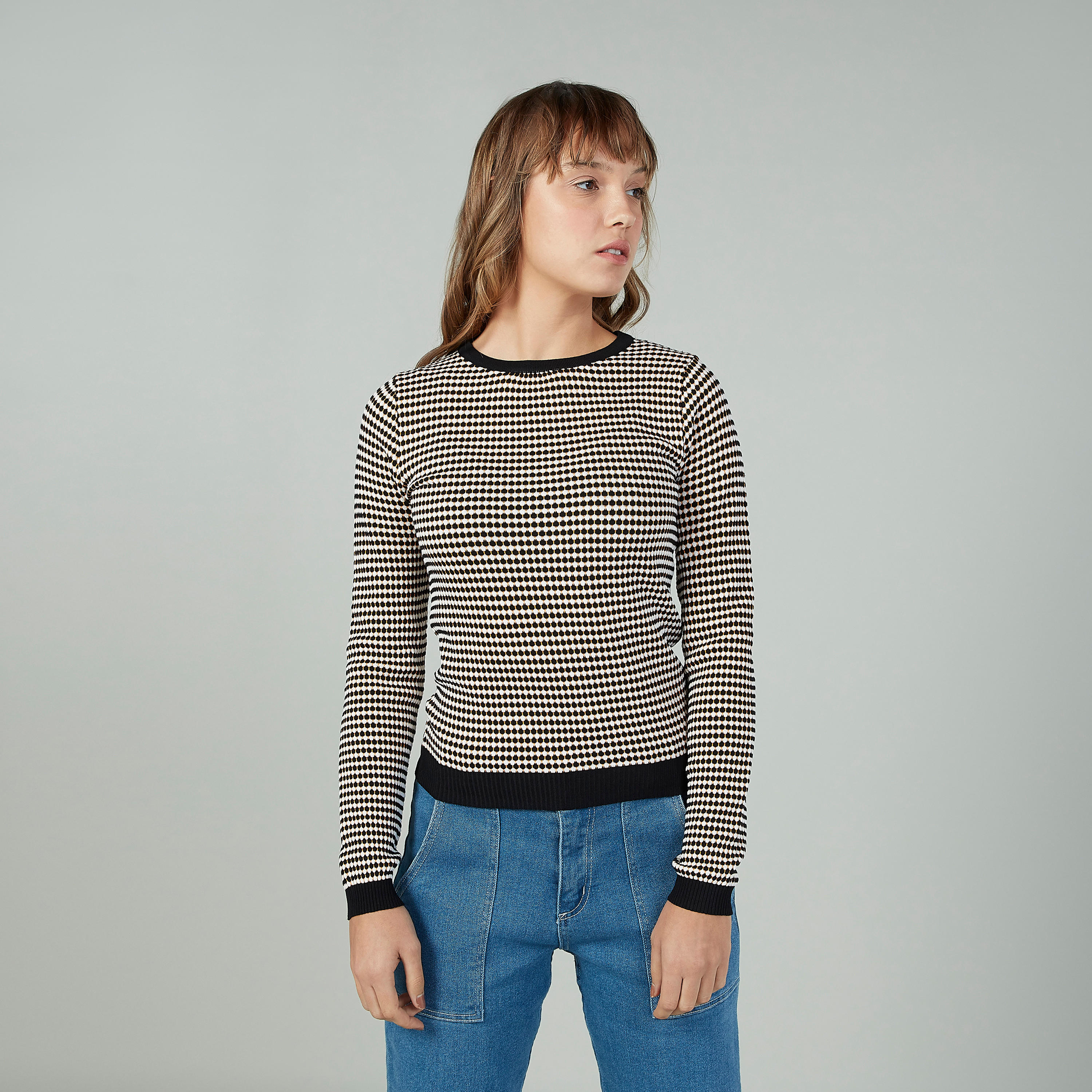 Textured Sweater with Crew Neck and Long Sleeves-women-clothing-cardigansandjumpers-jumpers-image-1