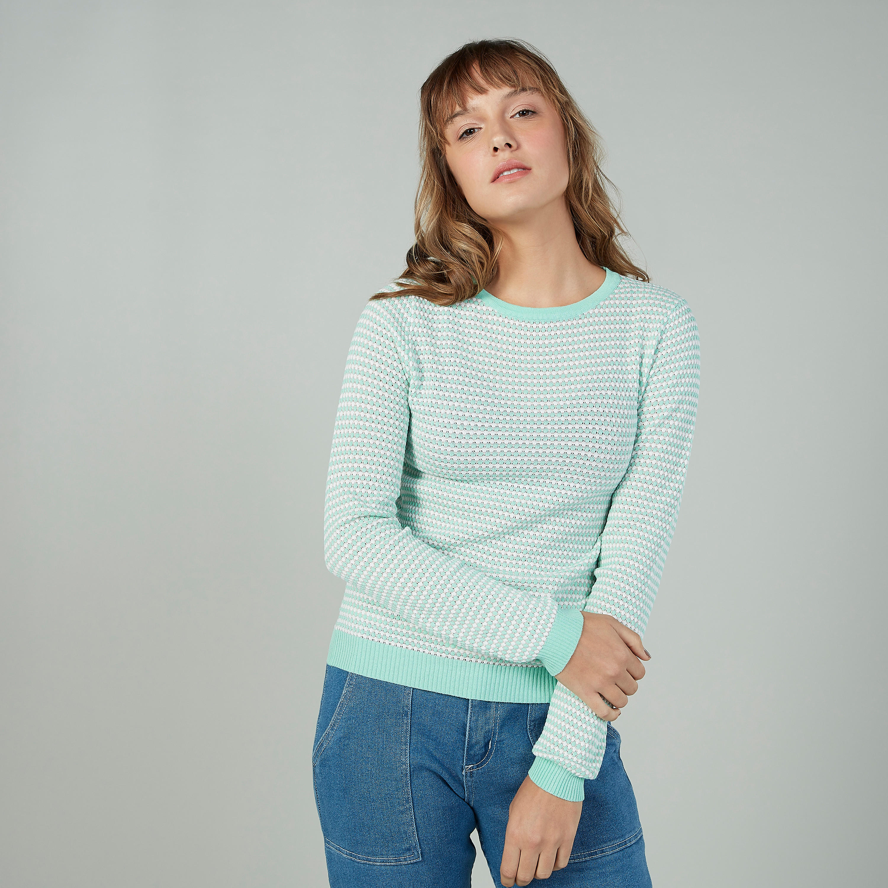 Textured Sweater with Crew Neck and Long Sleeves-women-clothing-cardigansandjumpers-jumpers-image-5