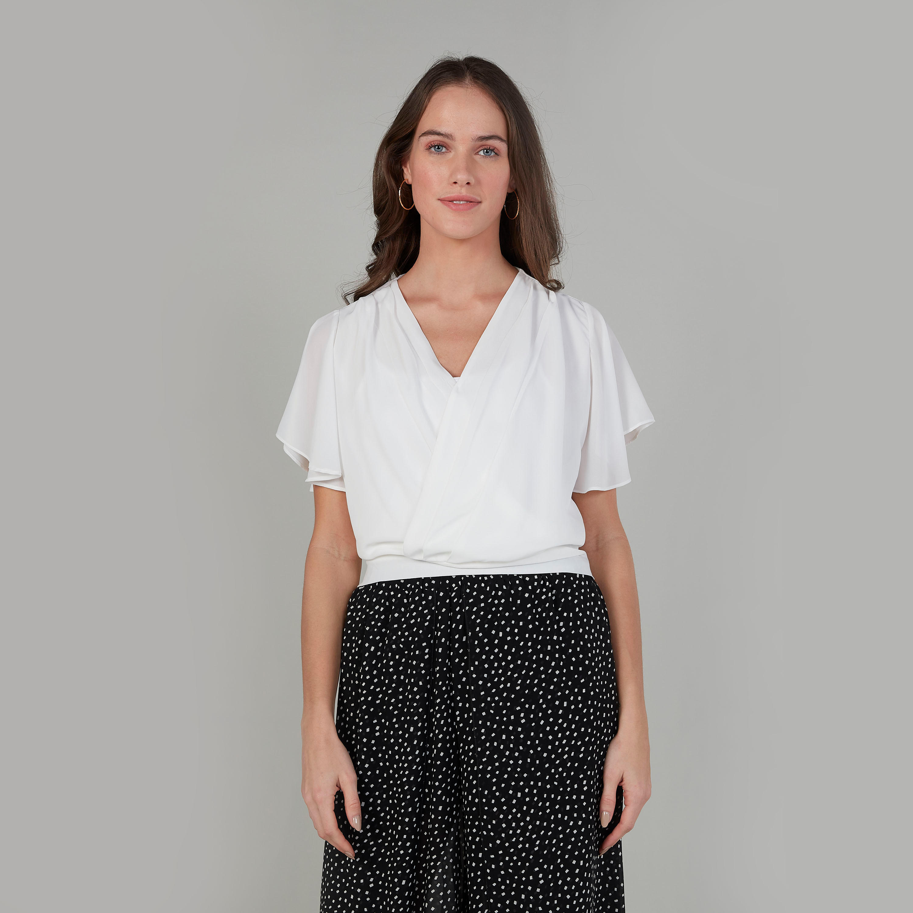 Plain Top with V-neck and Flared Sleeves-women-clothing-shirtsandblouses-blouses-image-1