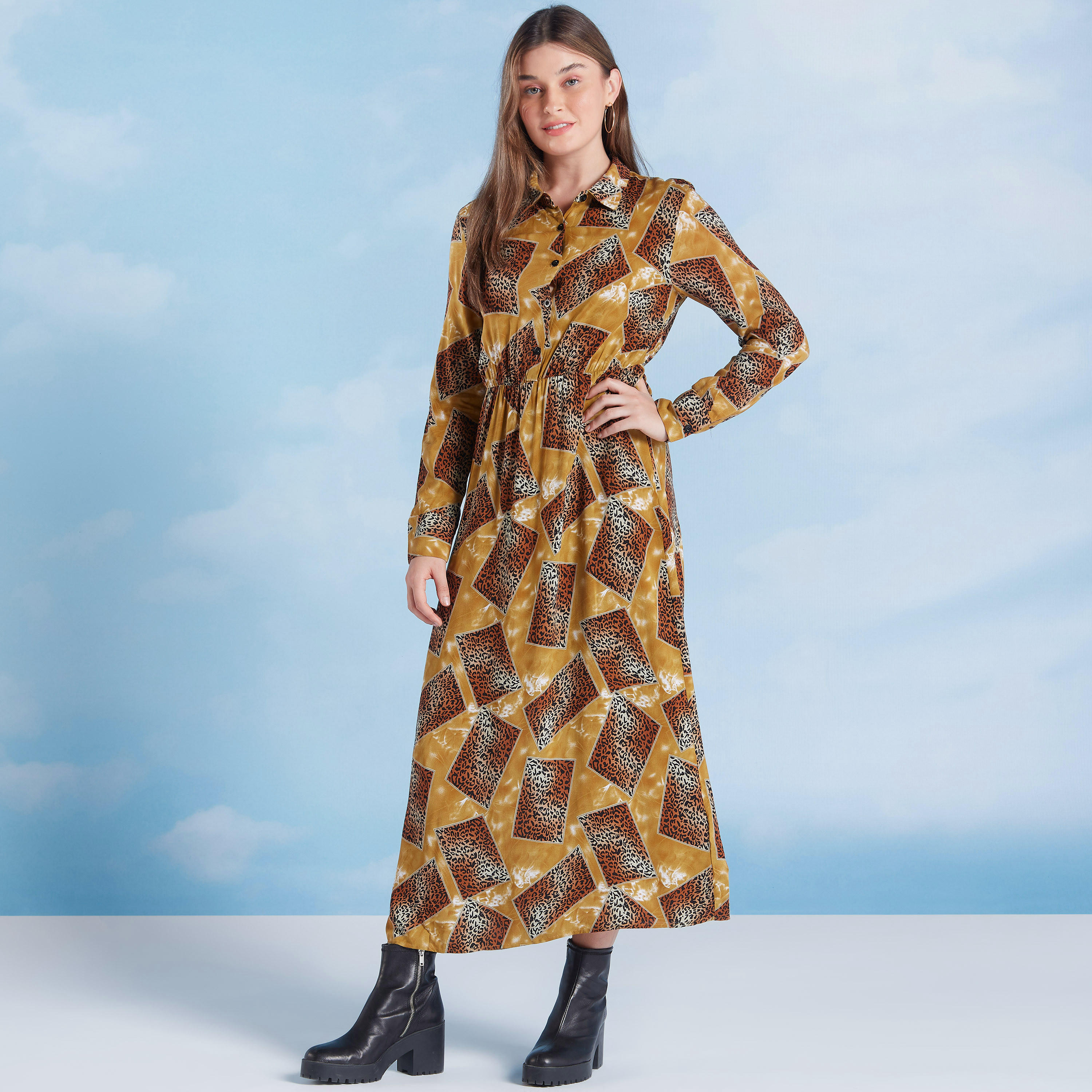 فستان قصير إيه لاين بطبعات حيوانات وأكمام طويلة وجيوب-women-clothing-dresses-image-1