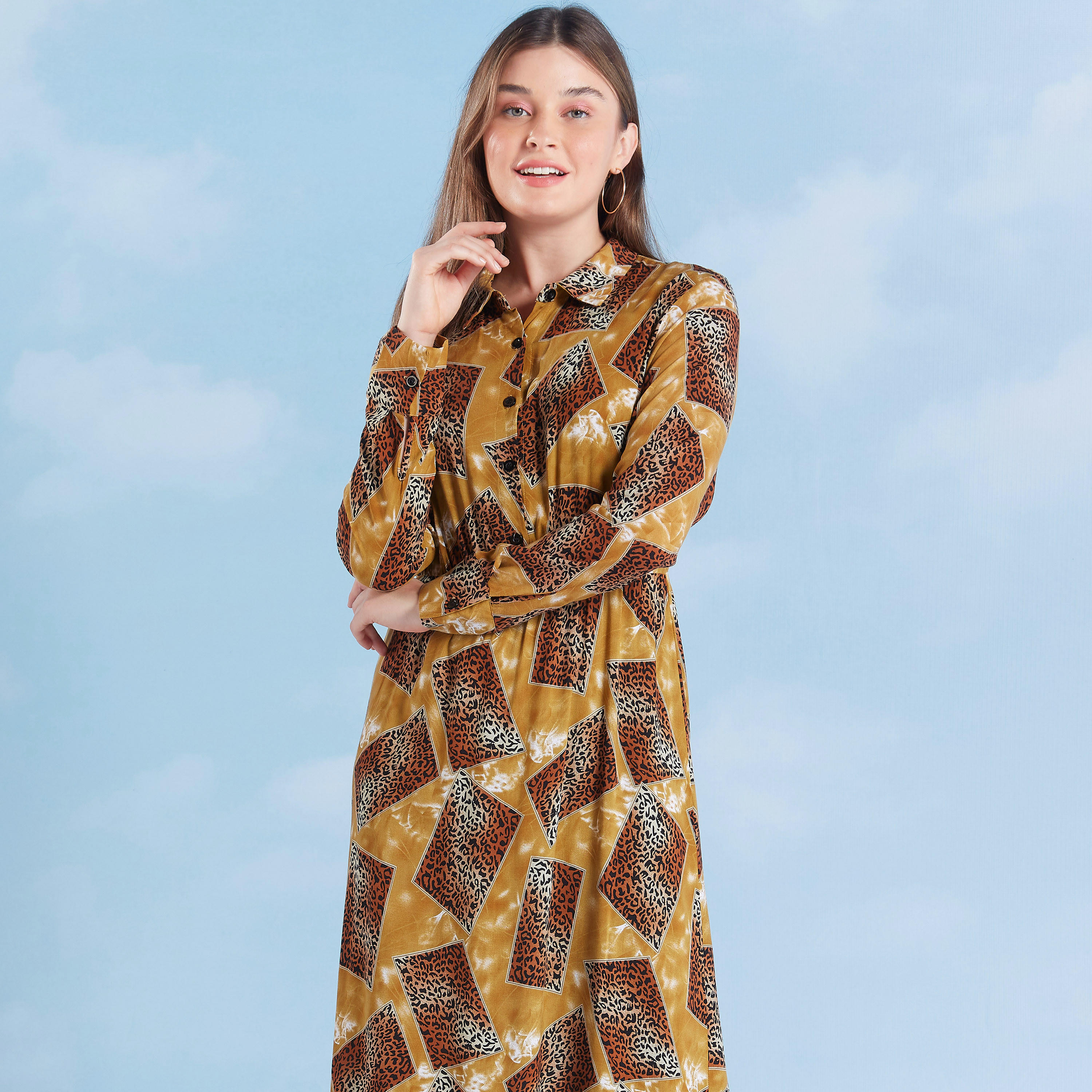 فستان قصير إيه لاين بطبعات حيوانات وأكمام طويلة وجيوب-women-clothing-dresses-image-2